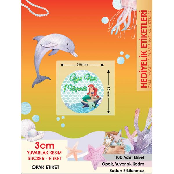 Deniz Kızı 2 Doğum Günü Etiket 3Cm - 100 Adet Opak Sticker