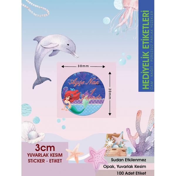 Deniz Kızı 3, Doğum Günü Etiket 3Cm - 100 Adet Opak Sticker