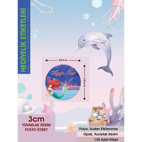 Deniz Kızı 3, Doğum Günü Etiket 3Cm - 130 Adet Folyo Sticker