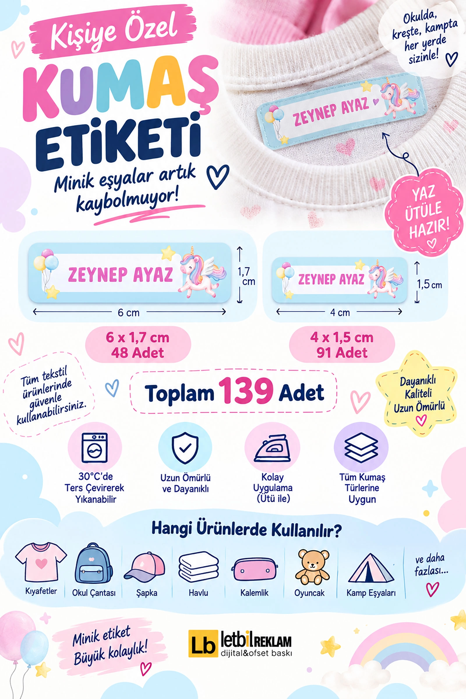 Okul Etiketi, Kişiye Özel Kumaş Etiketi, Unicorn Etiketi - 139 Adet