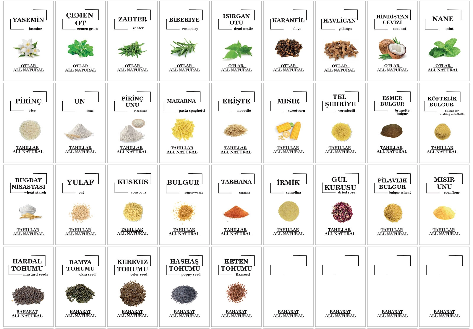 Renkli Kavanoz Etiket Seti-108 Adet Baharat, Bakliyat, Ot ve Kuruyemiş Etiketi-5x8cm Folyo Sticker