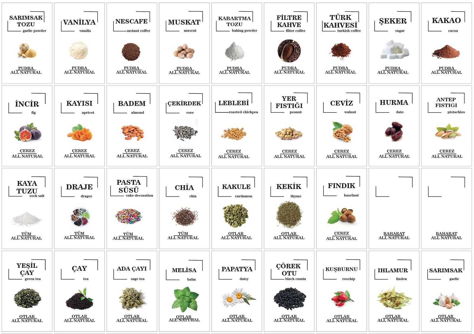 Renkli Kavanoz Etiket Seti-108 Adet Baharat, Bakliyat, Ot ve Kuruyemiş Etiketi-5x8cm Folyo Sticker