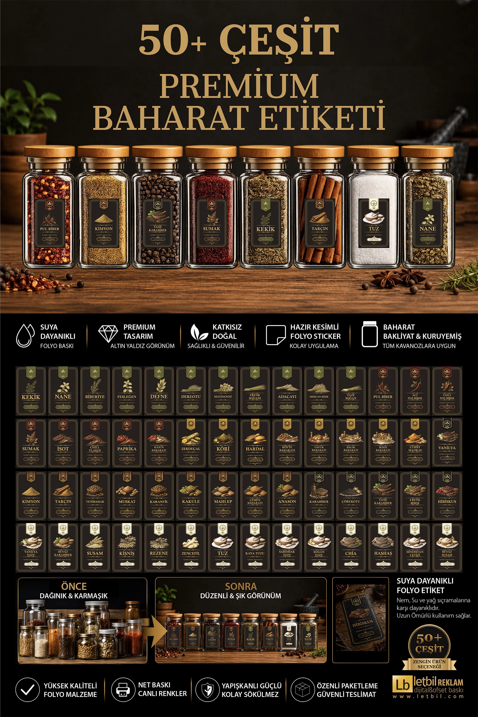 57 Çeşit Premium Baharat Etiketi Seti | Suya Dayanıklı Folyo Kavanoz Sticker