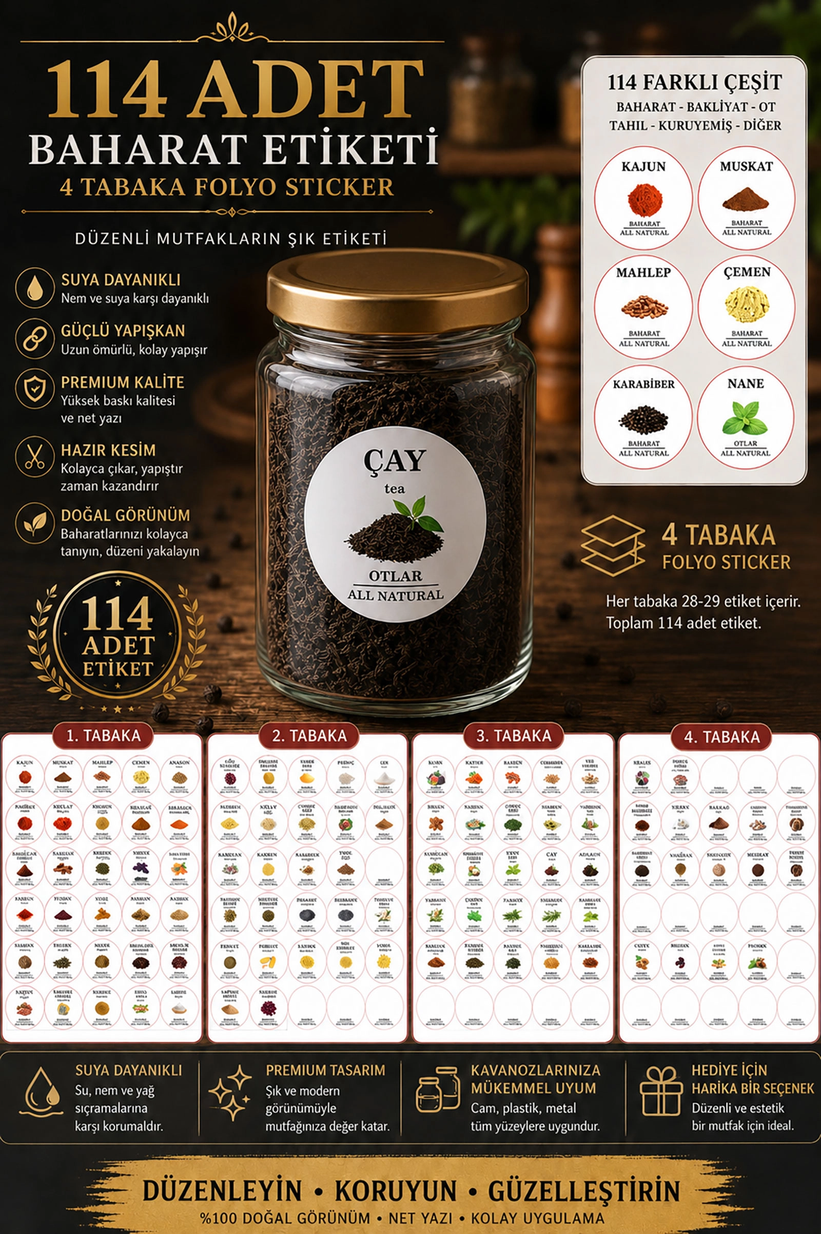 Renkli Kavanoz Etiket Seti-114 Adet Baharat, Bakliyat, Ot ve Kuruyemiş Etiketi-5cm Folyo Sticker