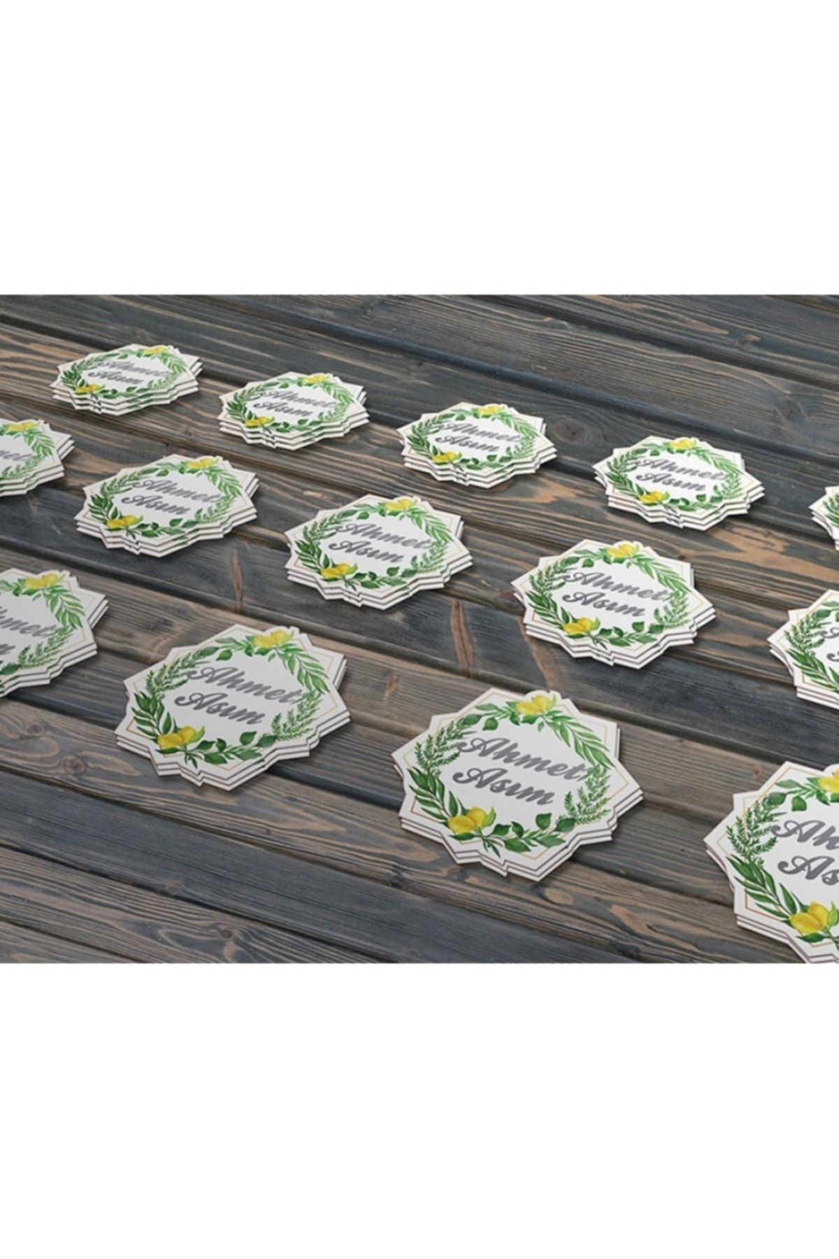 Limon Çiçekli Çelenk Modelli Etiket - 3 Cm Özel Kesim - Kare Kuşe Kağıt Yapışkanlı Sticker