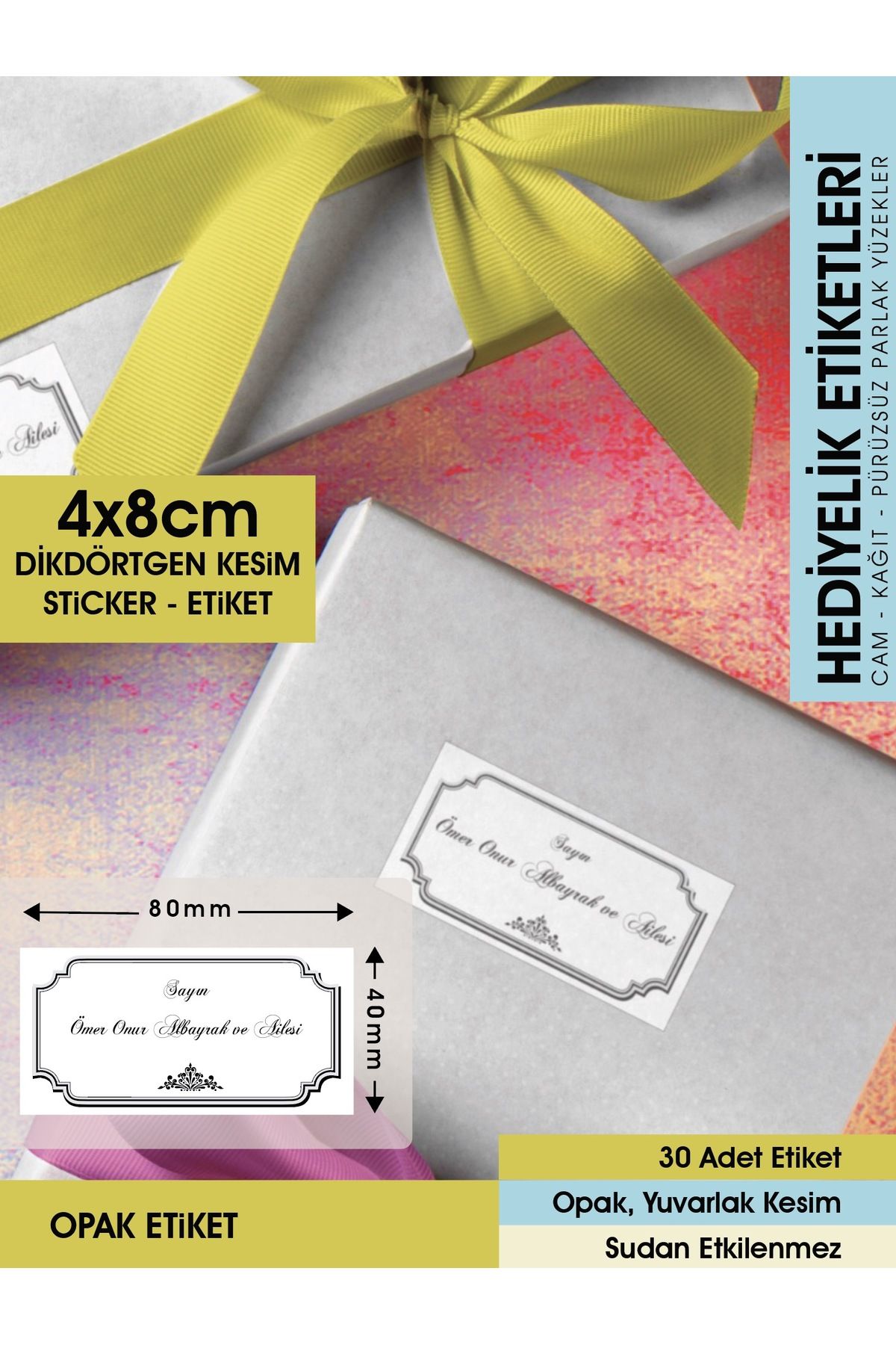 Şekil 1, Siyah Motifli Beyaz Zeminli Etiket - 4x8cm Dikdörtgen Düz Kesim - 30 Adet Opak Sticker