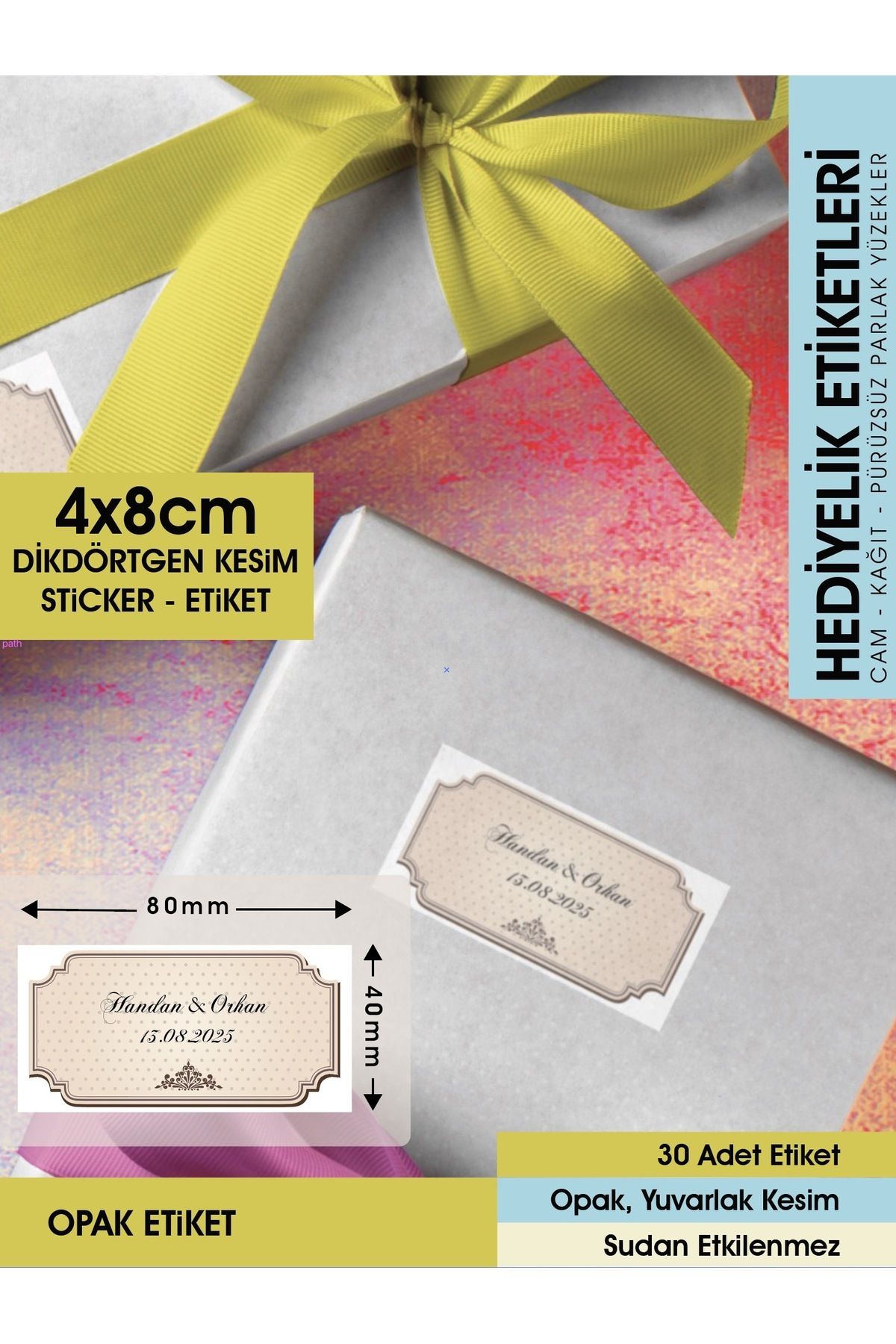 Şekil 2, Kahverengi Zeminli Vintage Etiket - 4x8cm Dikdörtgen Düz Kesim - 30 Adet Opak Sticker