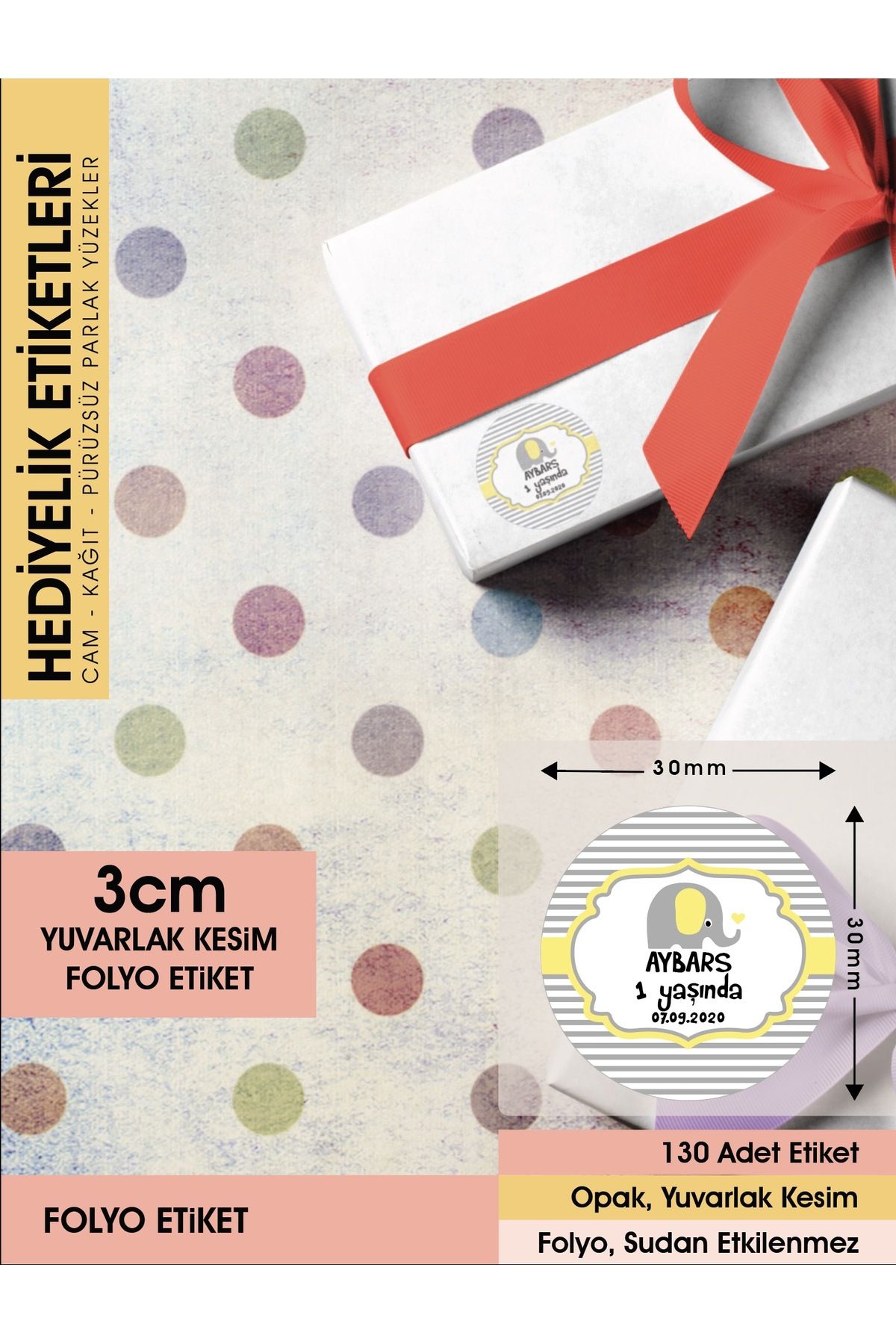 Erkek Çocuk Sarı Fil Konsept, Cemiyetleriniz İçin 3cm - 130 Adet Folyo Sticker
