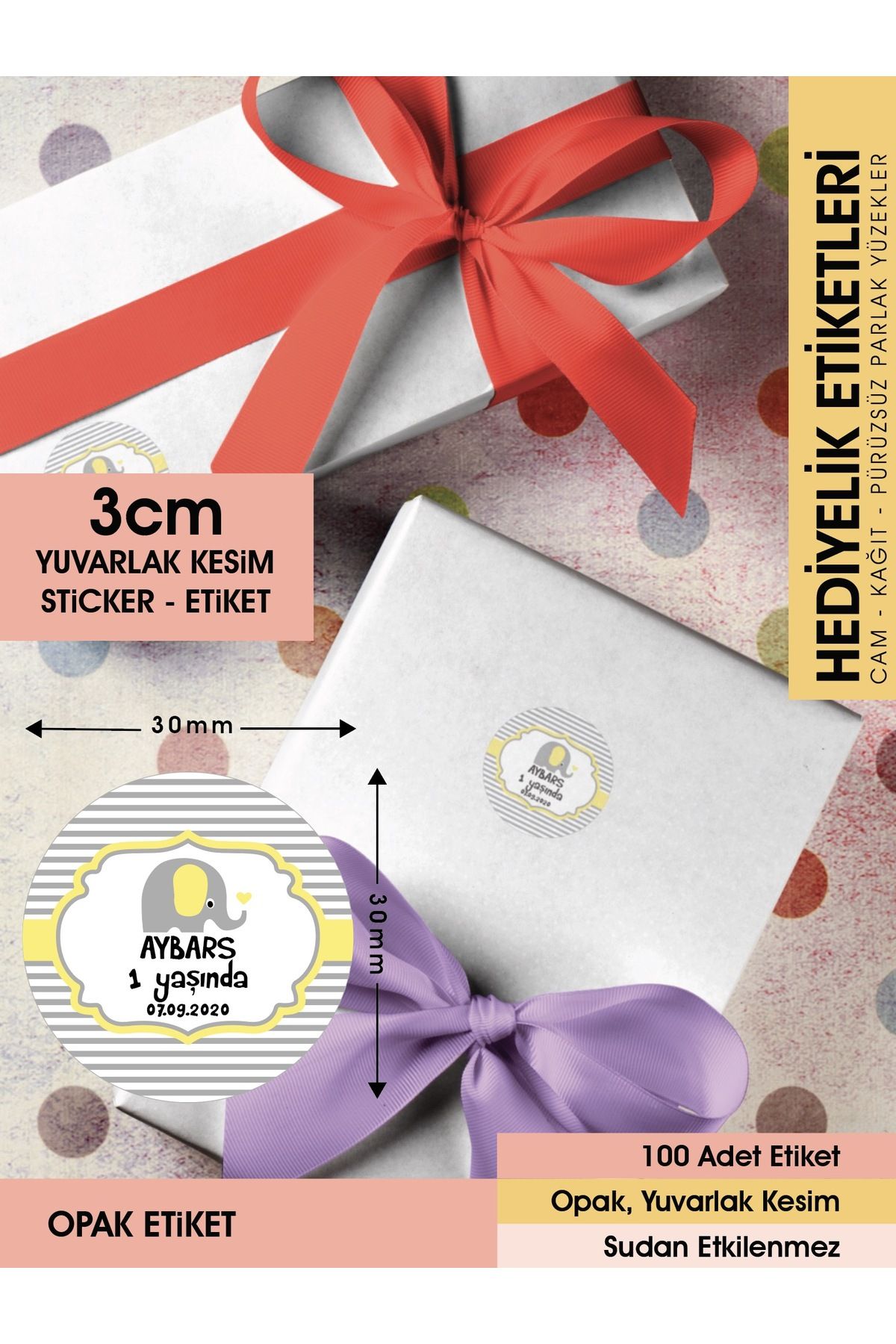 Erkek Çocuk Sarı Fil Konsept, Cemiyetleriniz İçin 3cm - 100 Adet Opak Sticker
