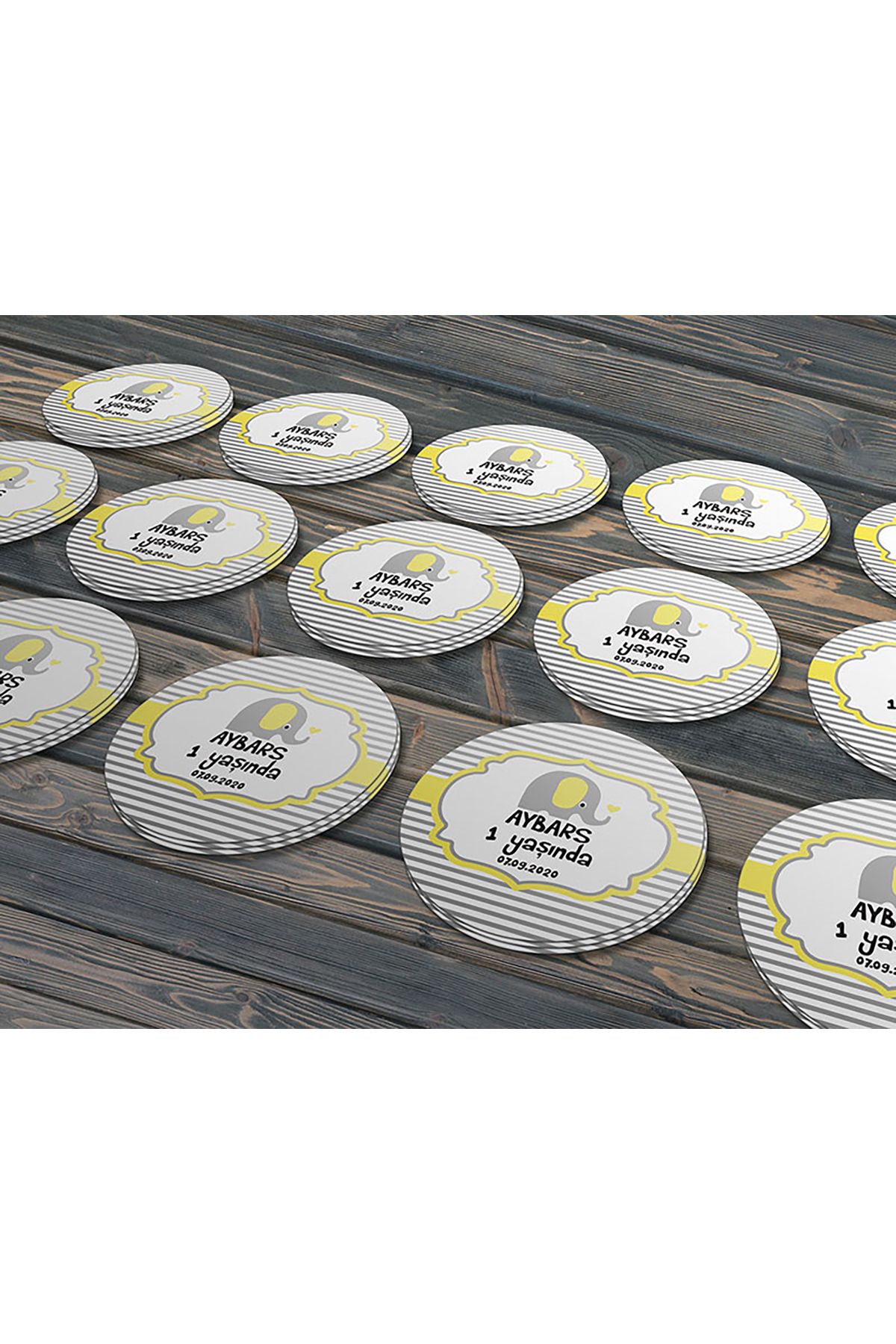 Erkek Çocuk Sarı Fil Konsept, Cemiyetleriniz İçin 3cm - 100 Adet Opak Sticker