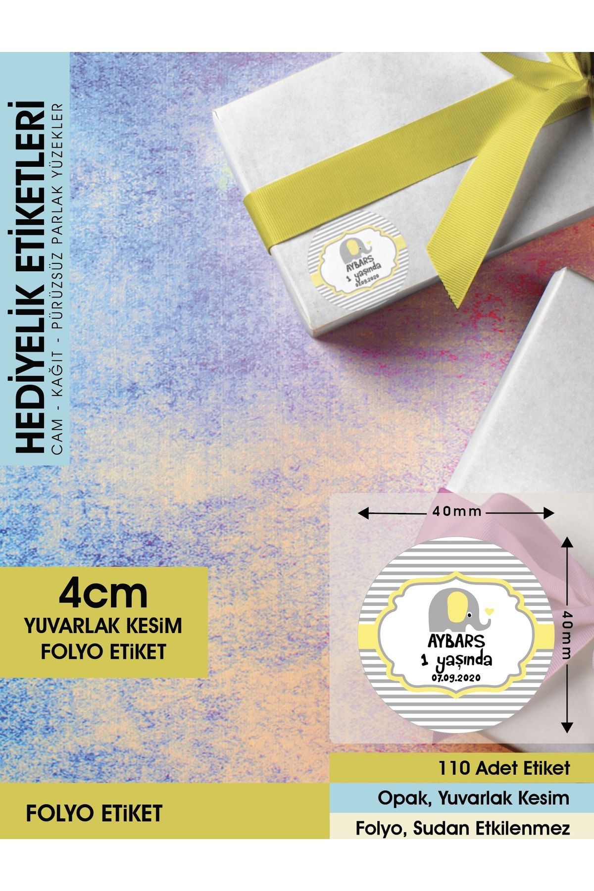 Erkek Çocuk Doğum Etiketi - Sarı Fil Concept Sticker  4cm - 110 Adet Folyo Sticker