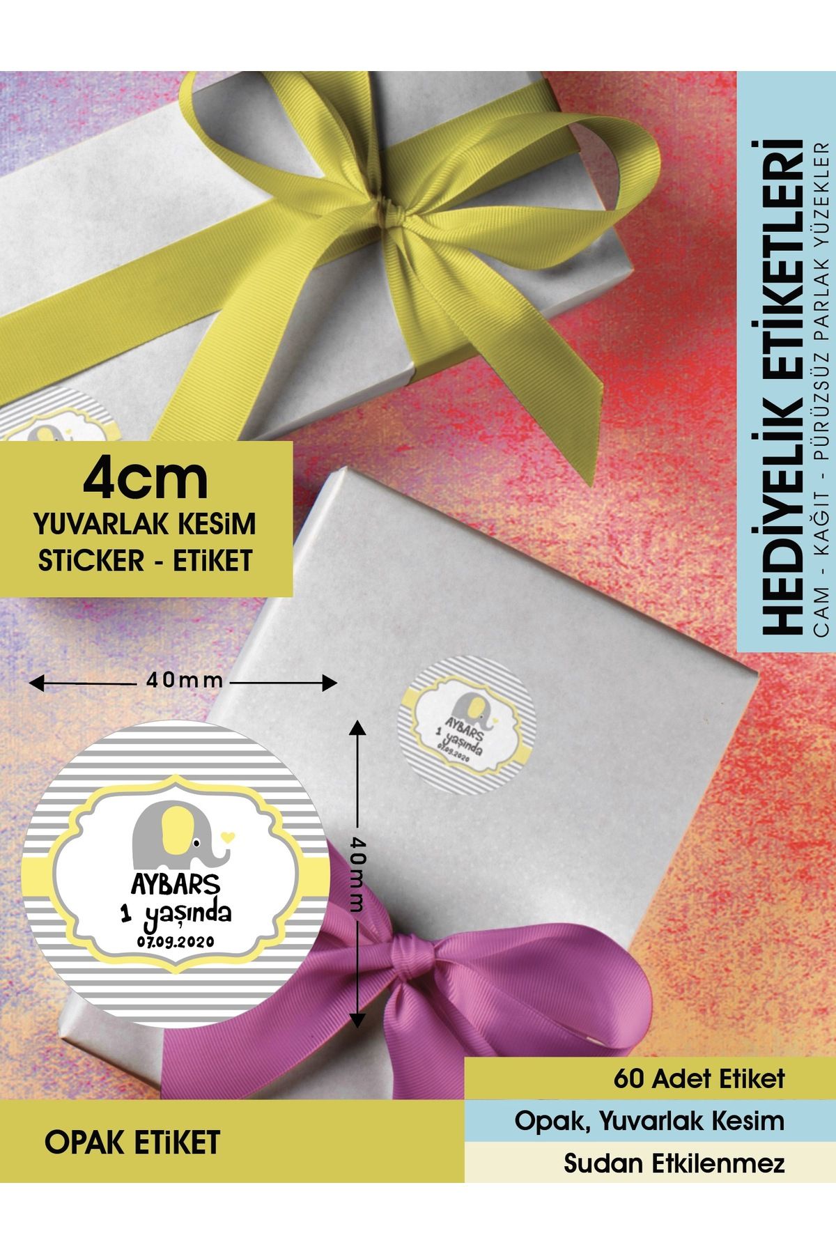 Erkek Çocuk Doğum Etiketi - Sarı Fil Concept Sticker 4cm - 60 Adet Opak Sticker