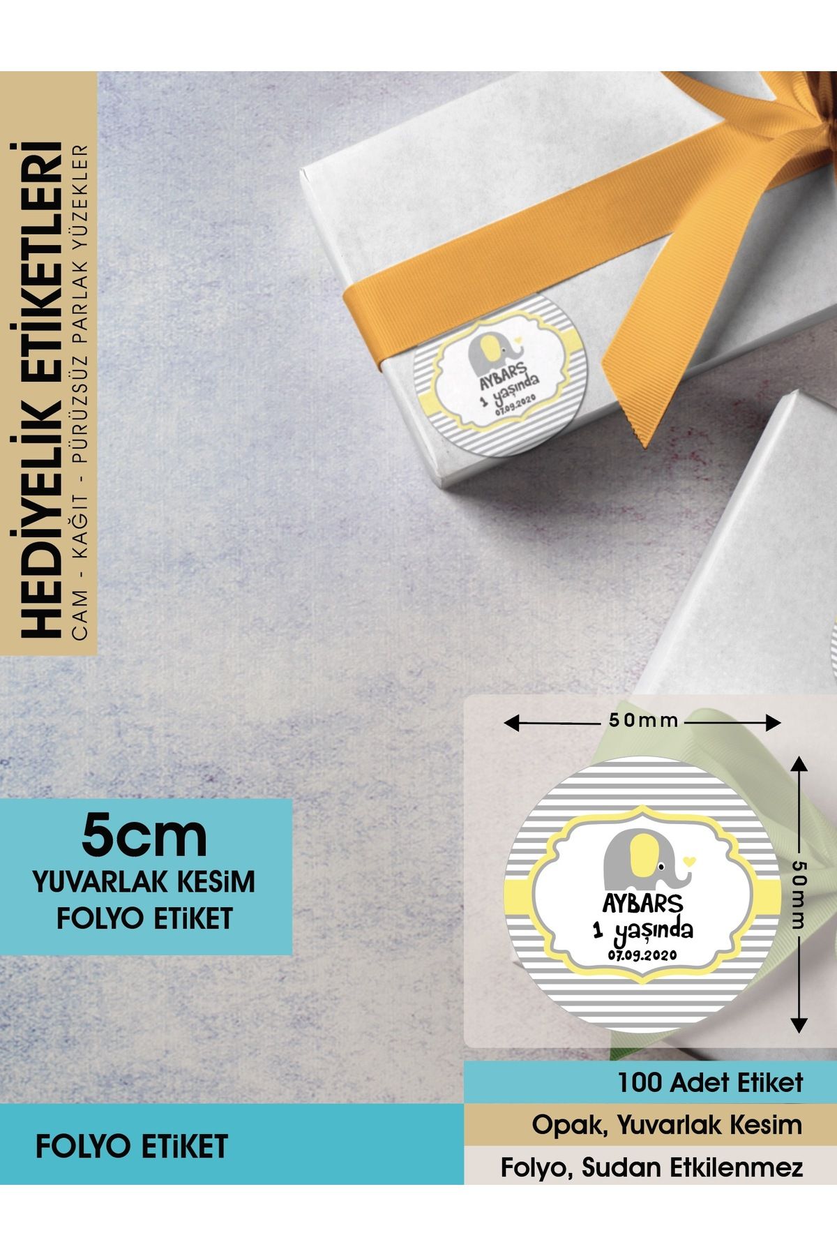 Erkek Çocuk Sarı Fil Konsept, Cemiyetleriniz İçin 5cm - 100 Adet Folyo Sticker