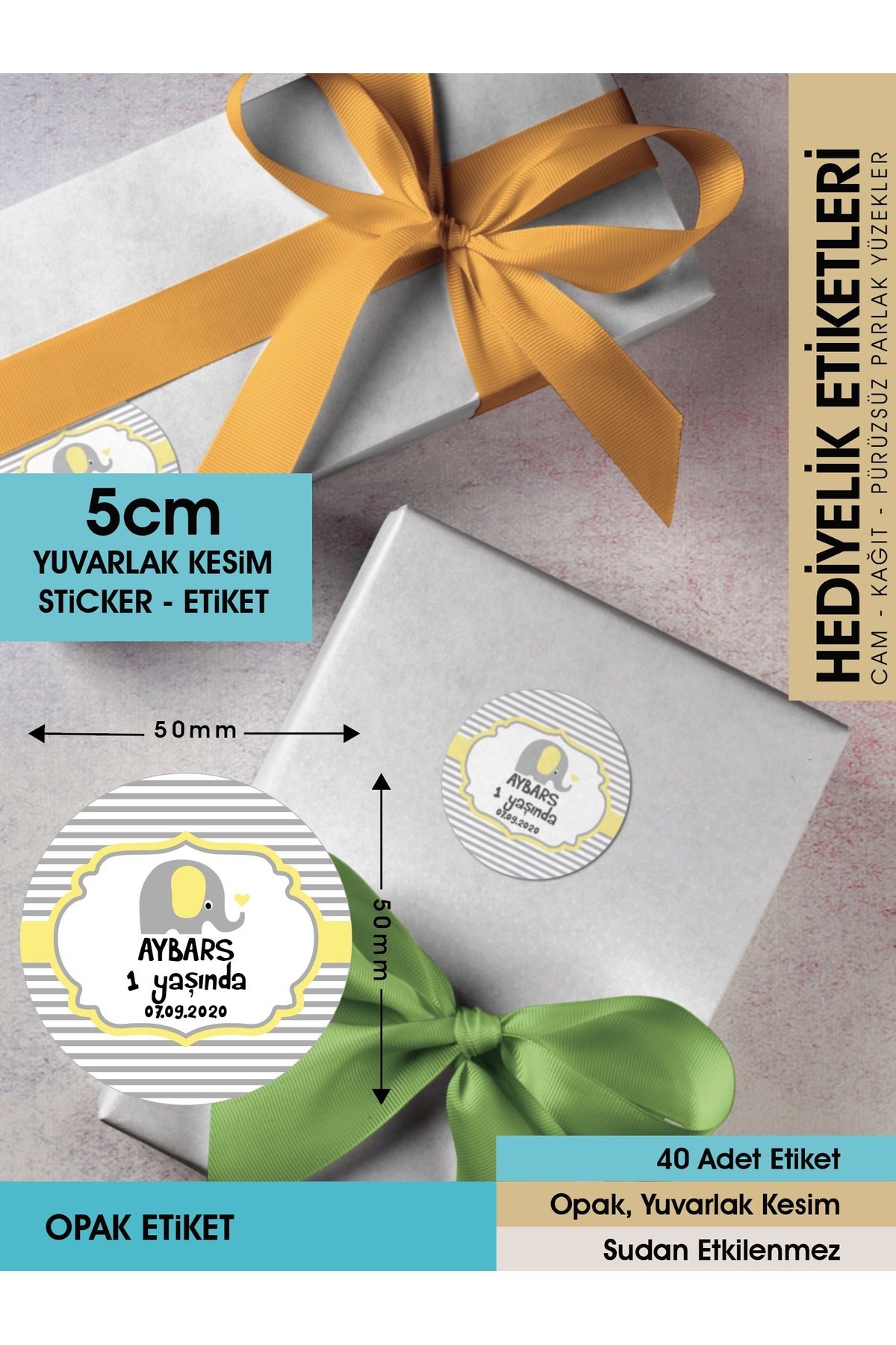 Erkek Çocuk Sarı Fil Konsept, Cemiyetleriniz Için 5cm -  40 Adet Opak Sticker