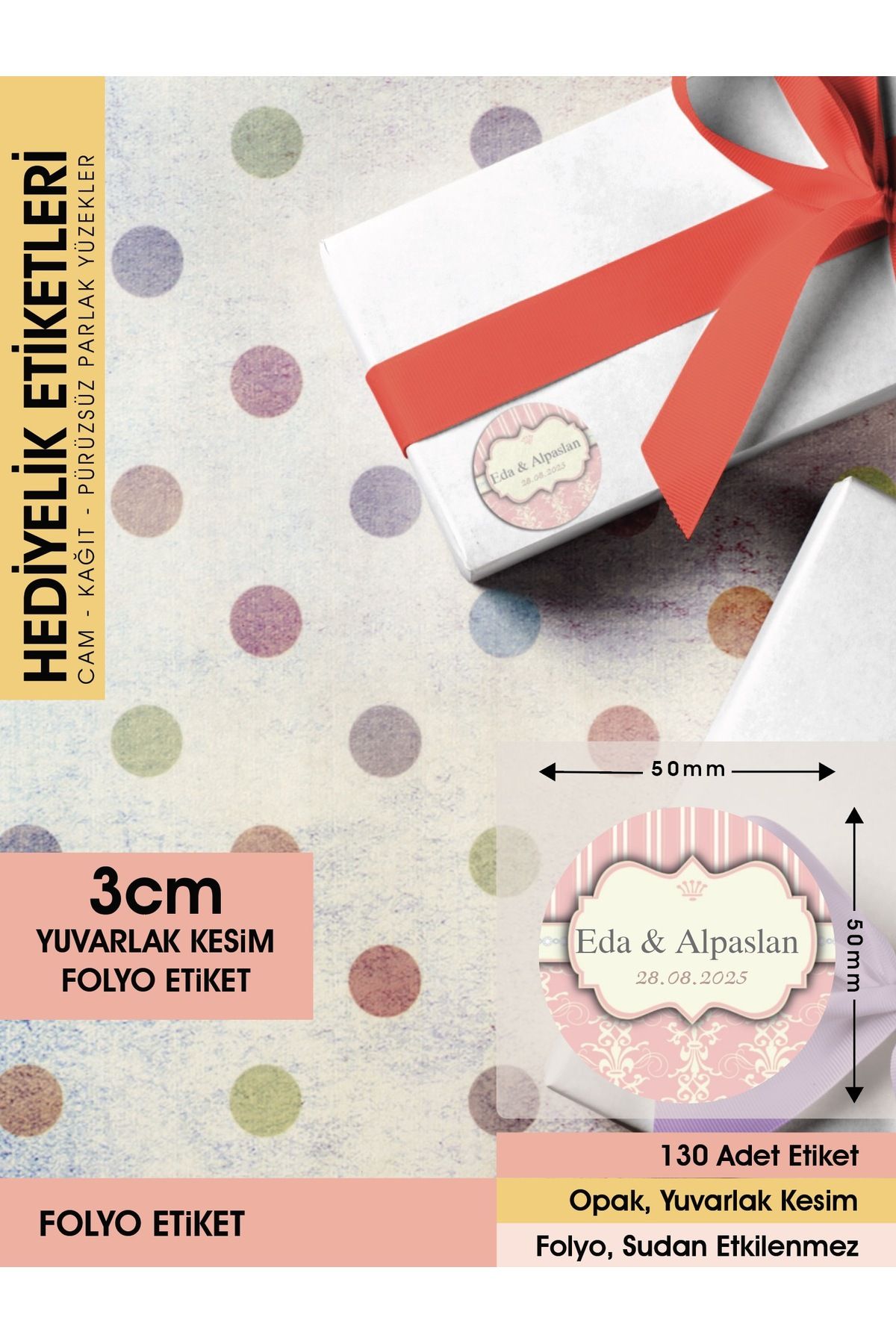 PEMBE MOTİFLİ DAVETİYE ETİKETİ, CEMİYET İÇİN ÜRÜNLERİNİZE ÖZEL 3CM - 130 ADET FOLYO STİCKER