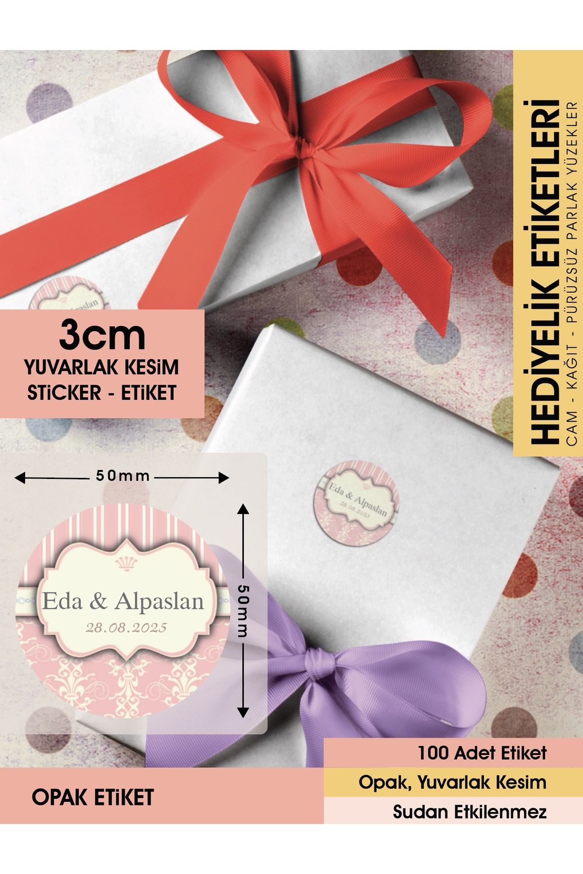 Pembe Motifli Davetiye Etiketi, Cemiyet Için Ürünlerinize Özel 3cm - 100 Adet Opak Sticker