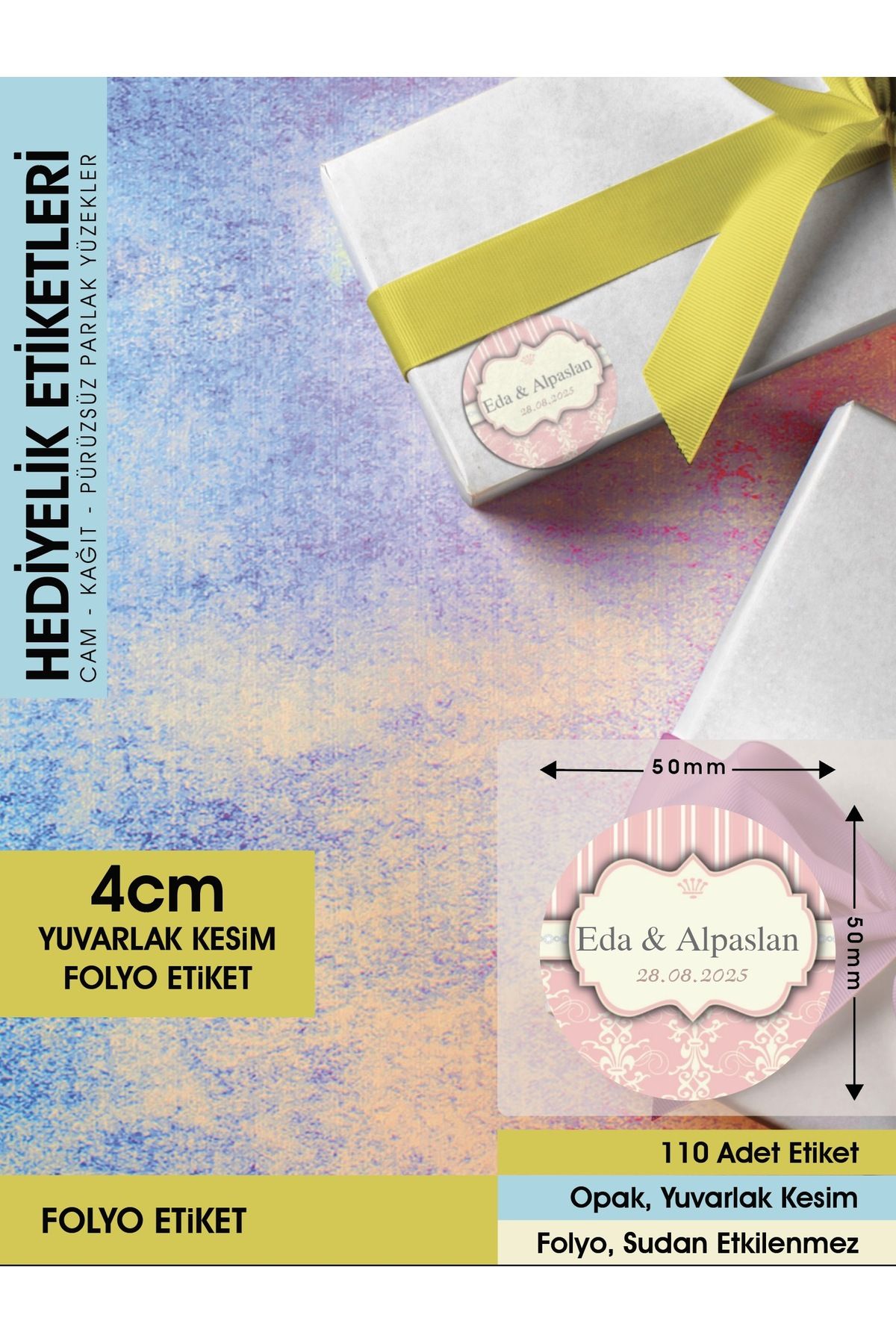 PEMBE MOTİFLİ DAVETİYE ETİKETİ, CEMİYET İÇİN ÜRÜNLERİNİZE ÖZEL 4CM - 110 ADET FOLYO STİCKER