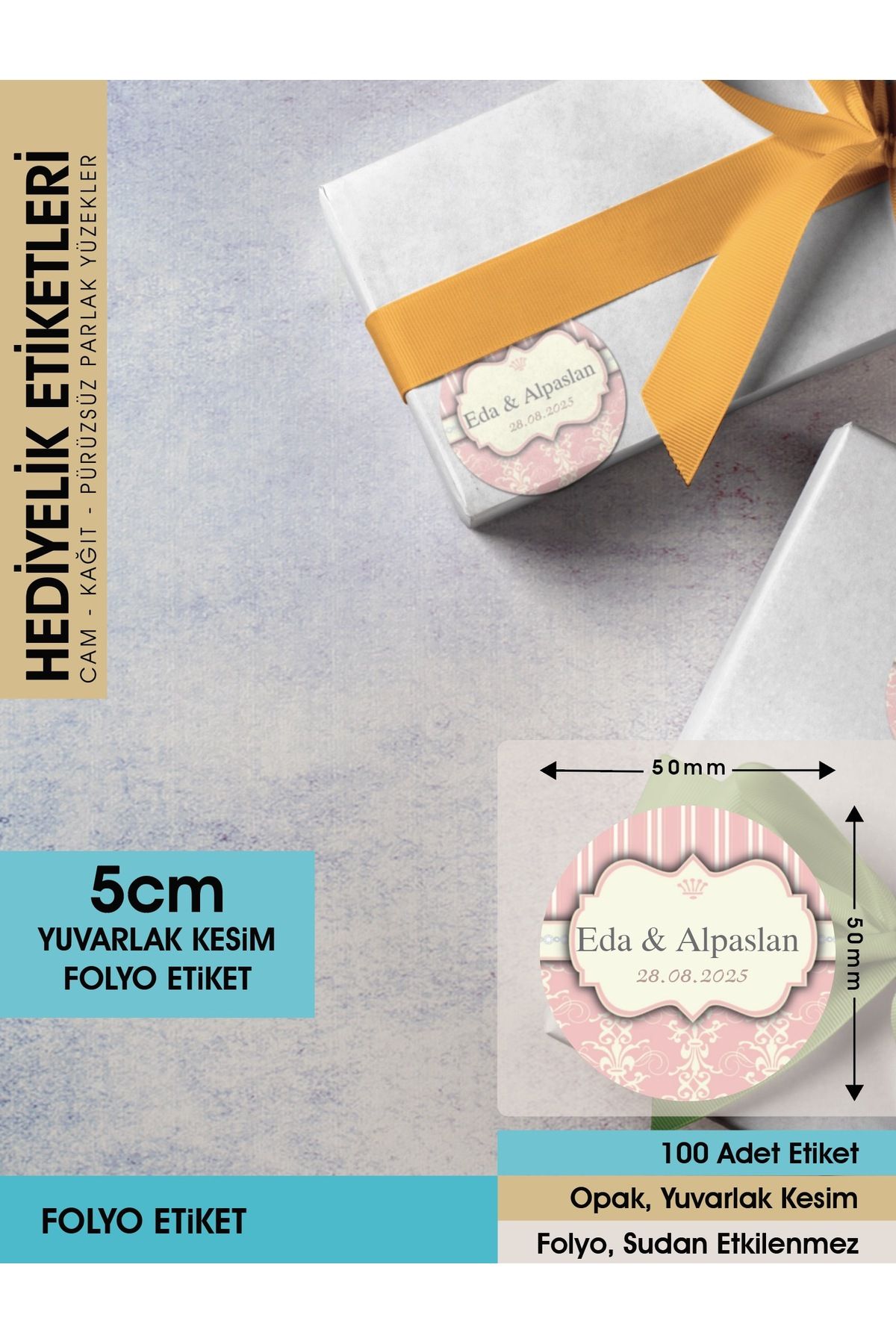 PEMBE MOTİFLİ DAVETİYE ETİKETİ, CEMİYET İÇİN ÜRÜNLERİNİZE ÖZEL 5CM - 96 ADET FOLYO STİCKER