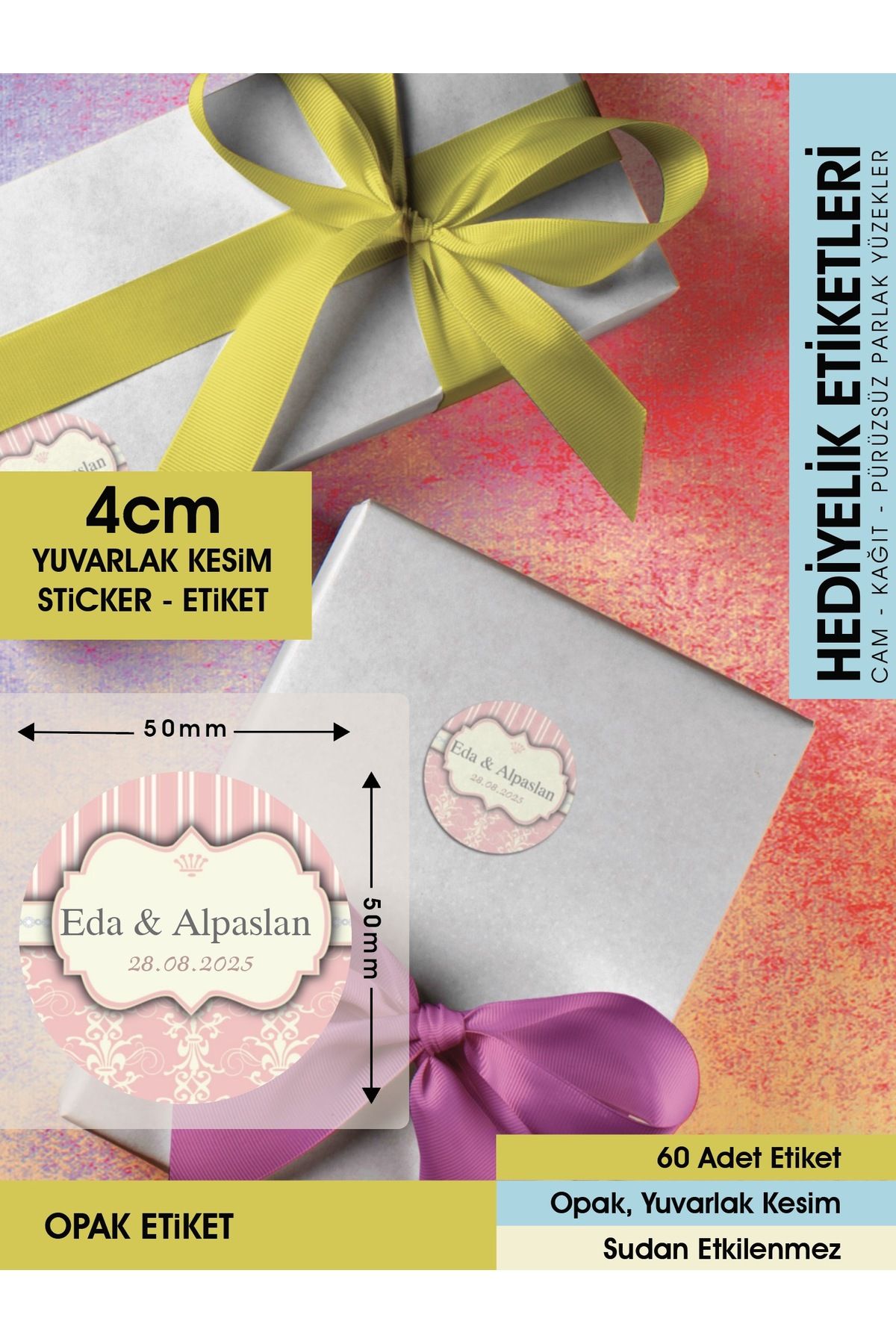 Pembe Motifli Davetiye Etiketi, Cemiyet Için Ürünlerinize Özel 4cm - 60 Adet Opak Sticker