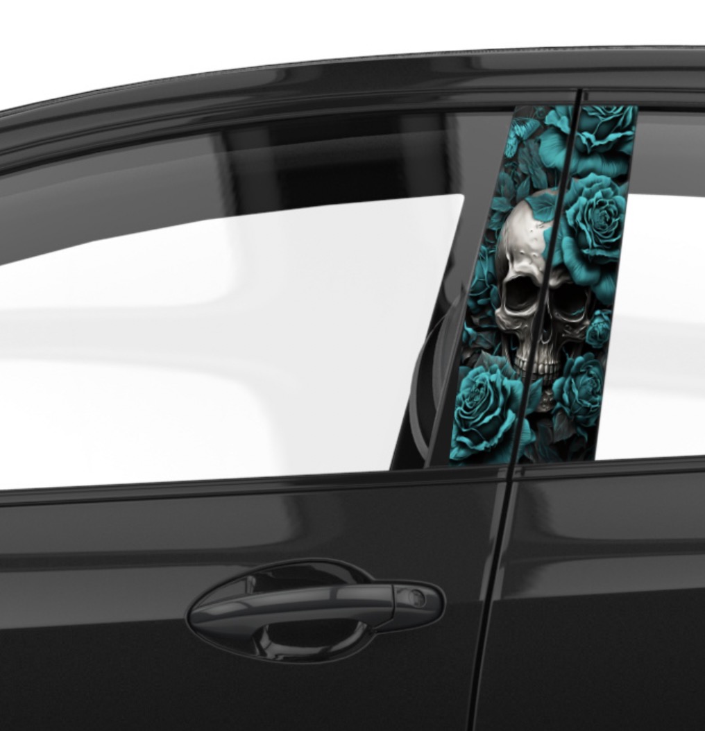 Araba Etiketleri, Tuning Kaplama, Direk Folyosu - Mavi Gül Kuru Kafa, Turquoise Skull