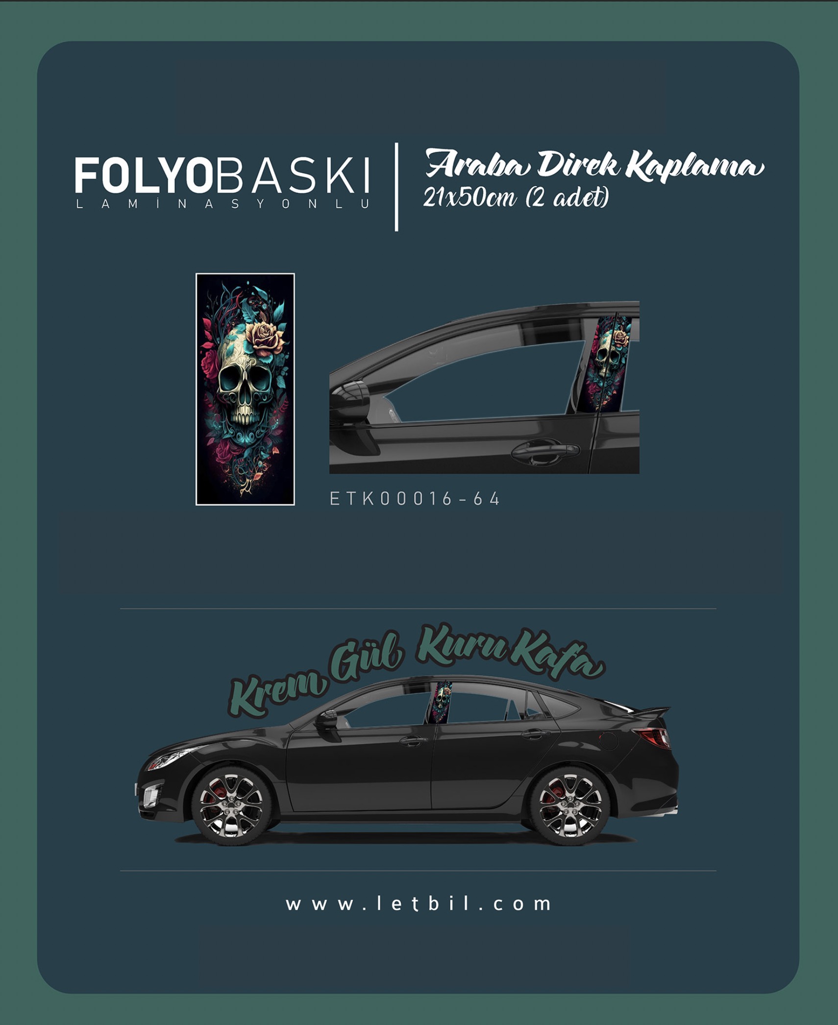 Araba Etiketleri, Tuning Kaplama, Direk Folyosu - Krem Gül, Kuru Kafa