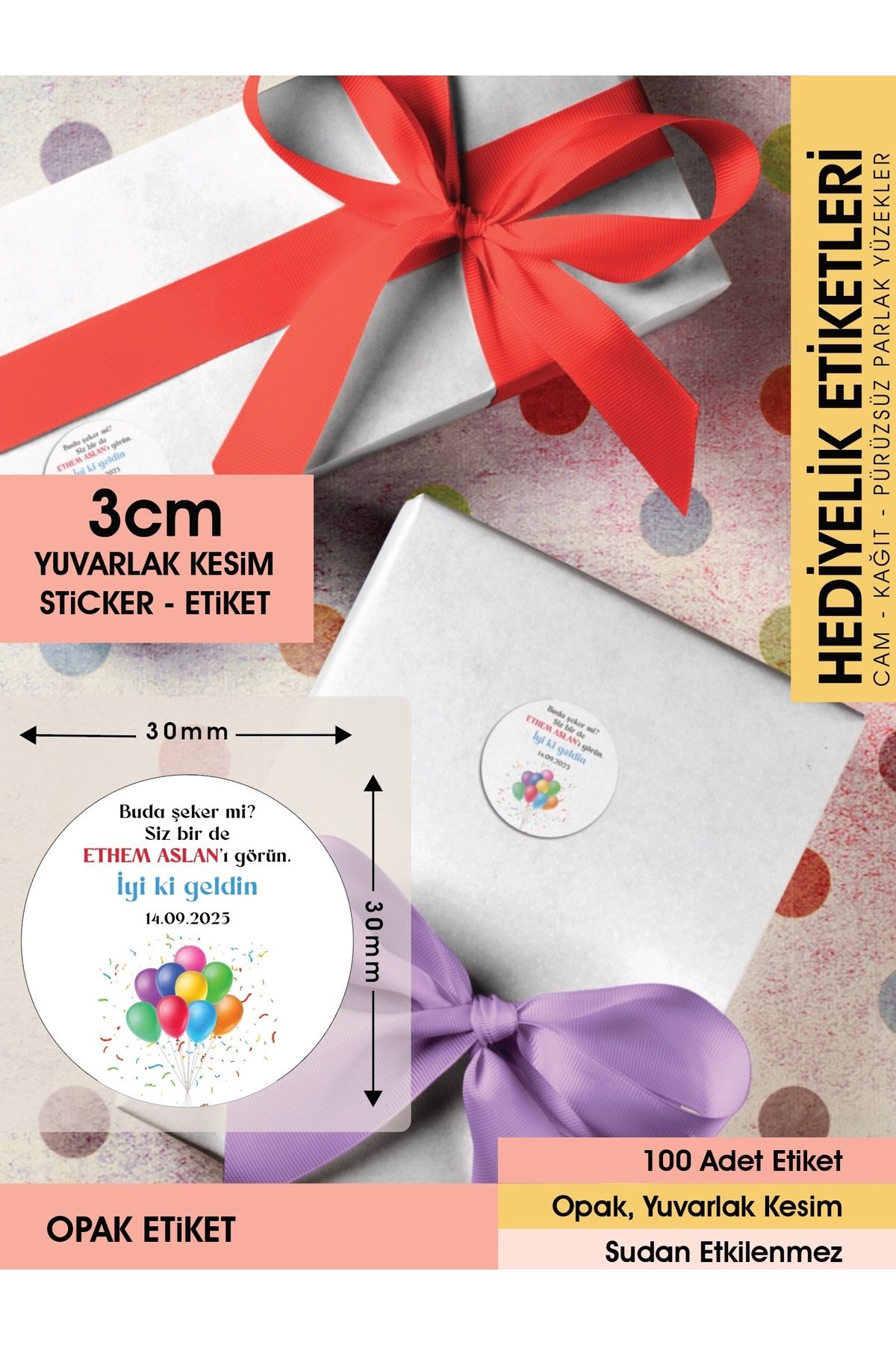 Balonlu Konsept, Hediyelik Etiket 3cm - 100 Adet Opak Etiket