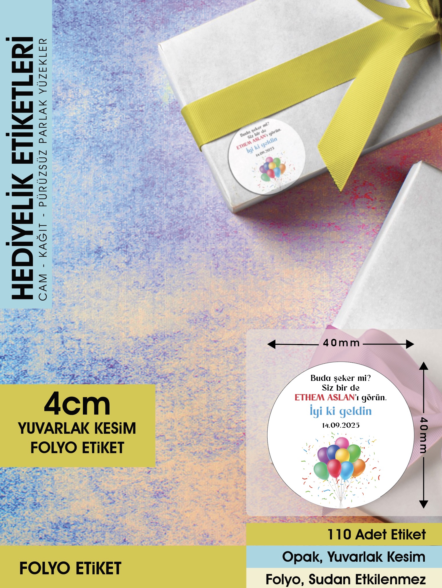 Balonlu Konsept, Hediyelik Etiket 4cm - 110 Adet Folyo Sticker
