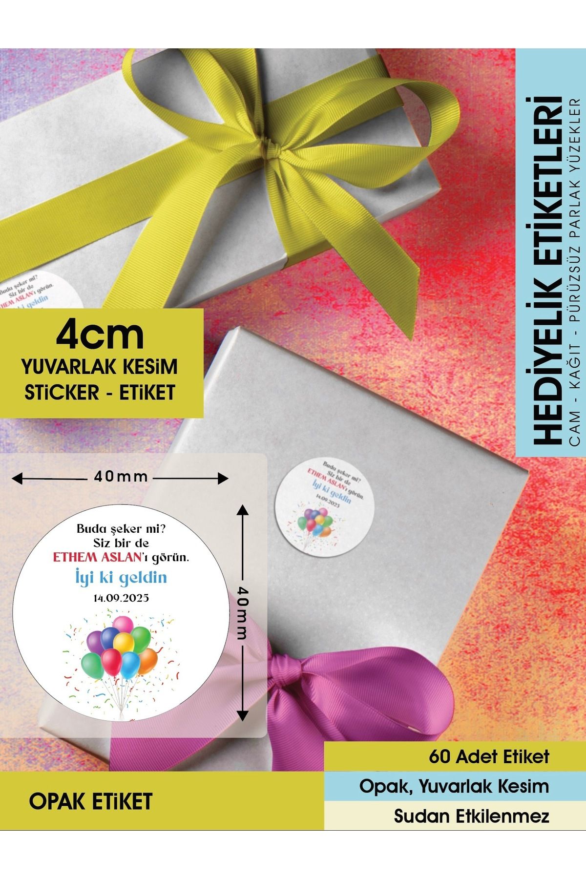 Balonlu Konsept, Hediyelik Etiket 4cm - 60 Adet Opak Etiket