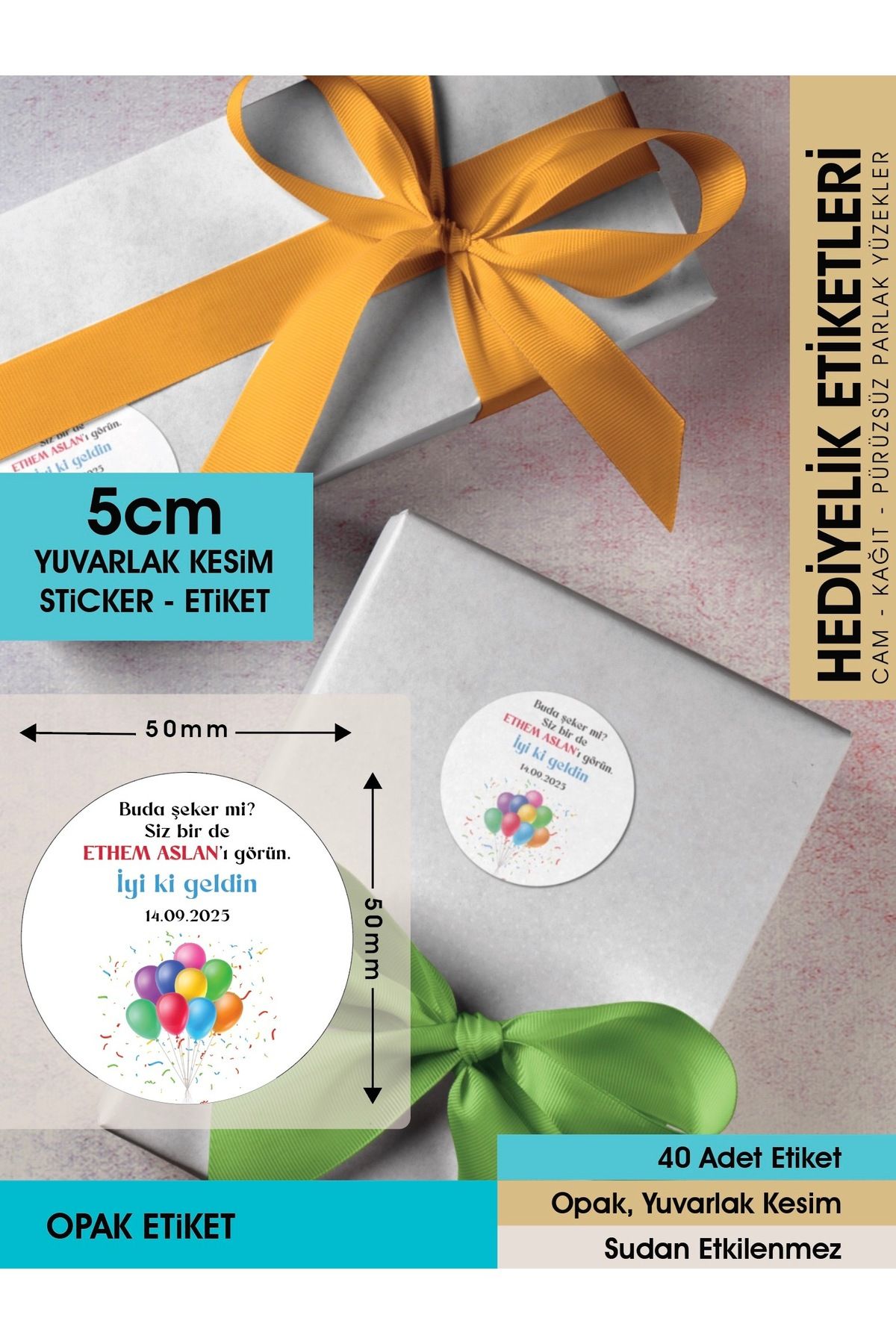 Balonlu Konsept, Hediyelik Etiket 5cm - 40 Adet Opak Etiket