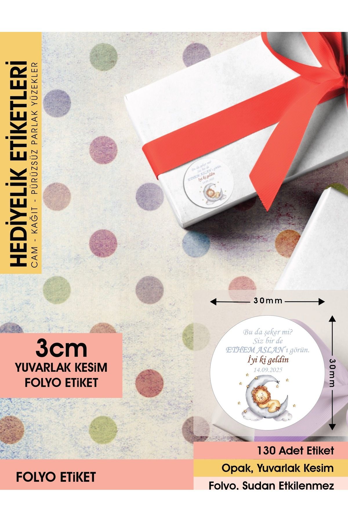 Aslan Konseptli Etiket, Hediyelik Etiket 3cm - 130 Adet Folyo Sticker