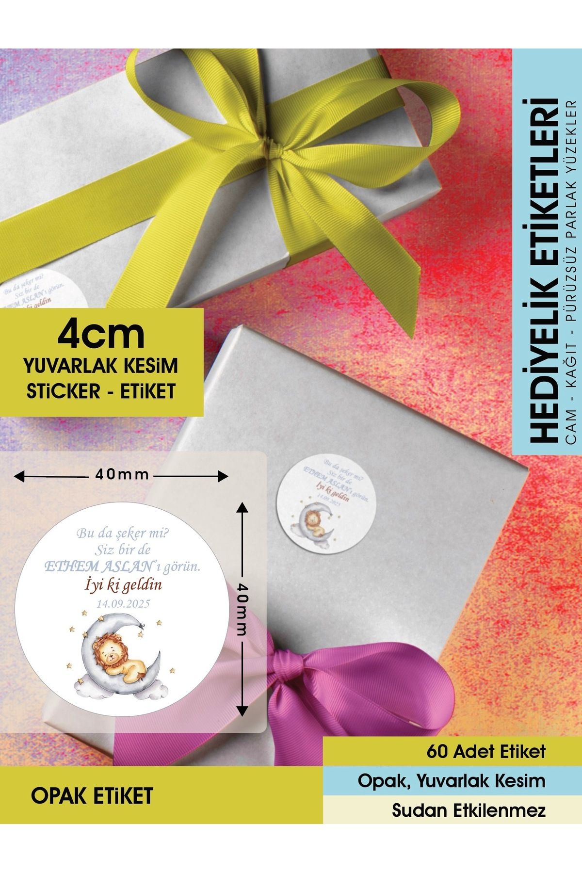 Aslan Konseptli Etiket, Hediyelik Etiket 4cm - 60 Adet Opak Etiket