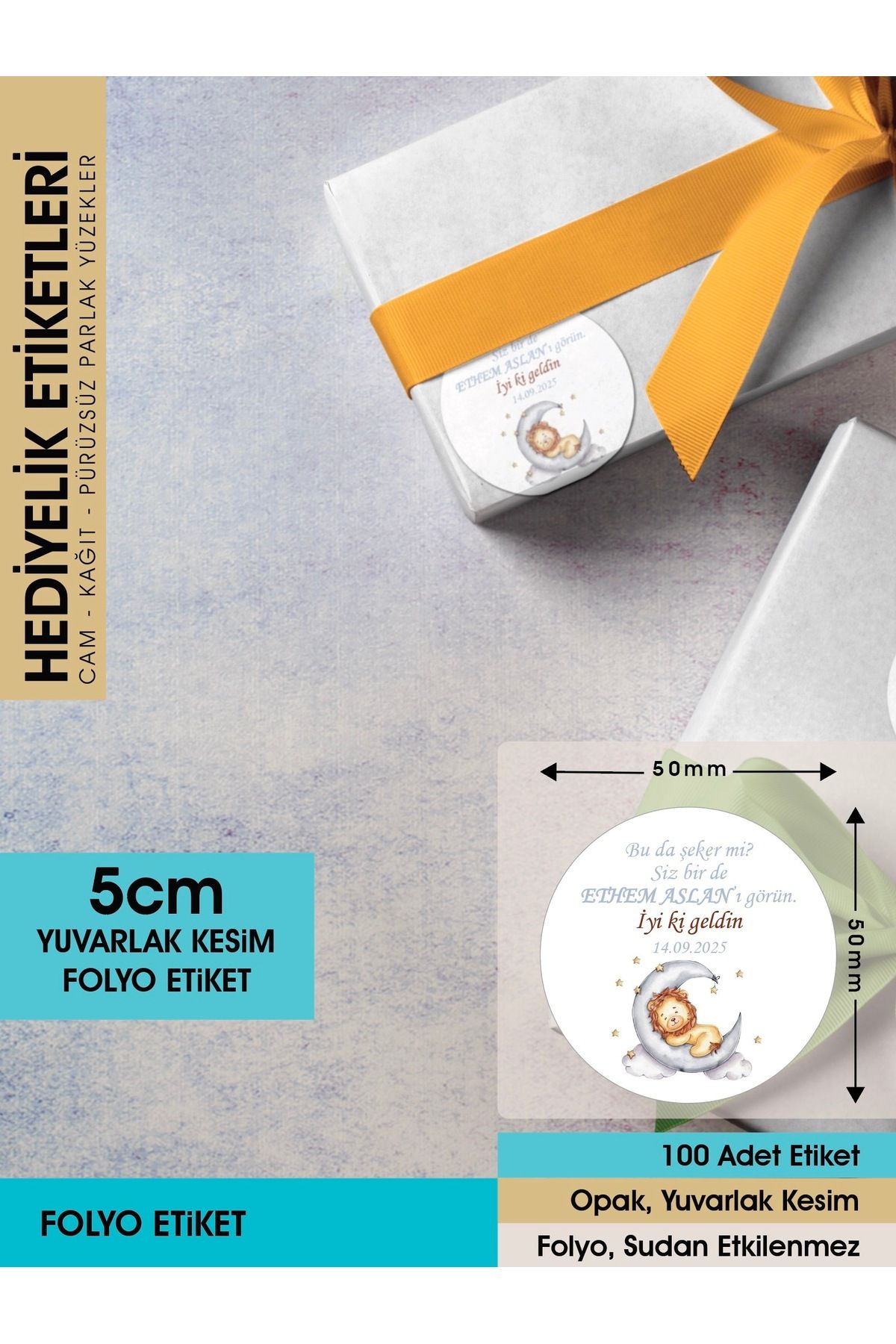 Aslan Konseptli Etiket, Hediyelik Etiket 5cm - 100 Adet Folyo Sticker