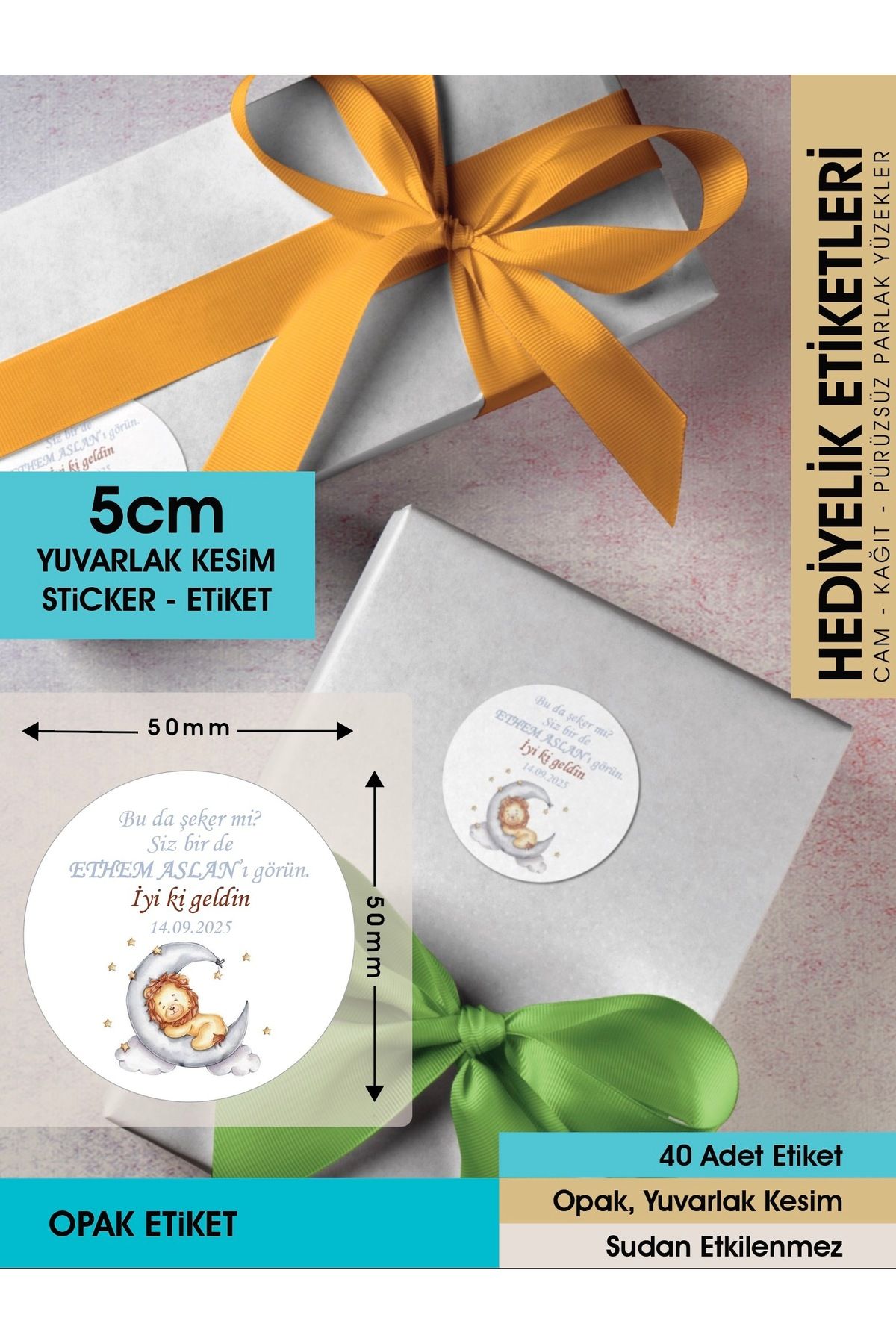 Aslan Konseptli Etiket, Hediyelik Etiket5cm - 40 Adet Opak Etiket