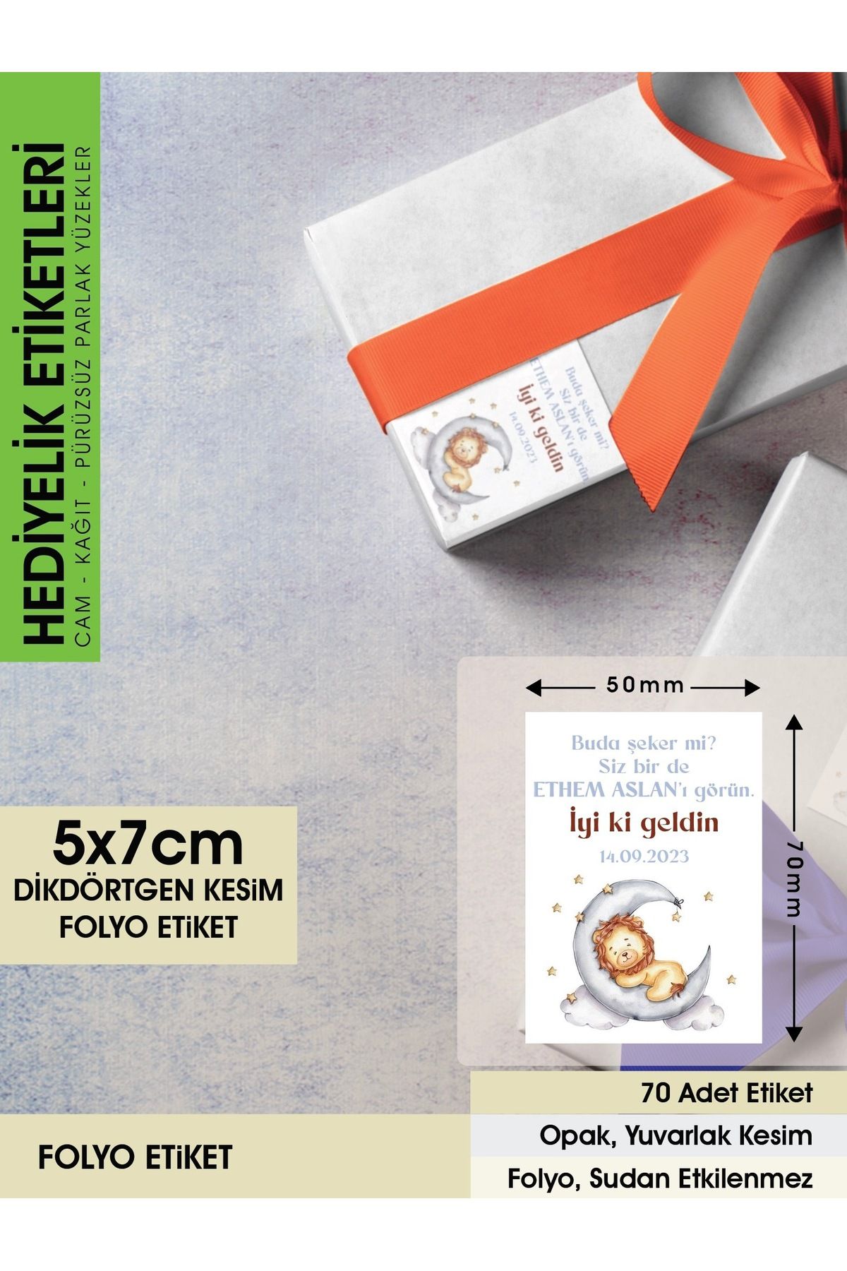 Aslan Konseptli Etiket, Hediyelik Etiket - 5x7cm Dikdörtgen Düz Kesim - 70 Adet Folyo Sticker