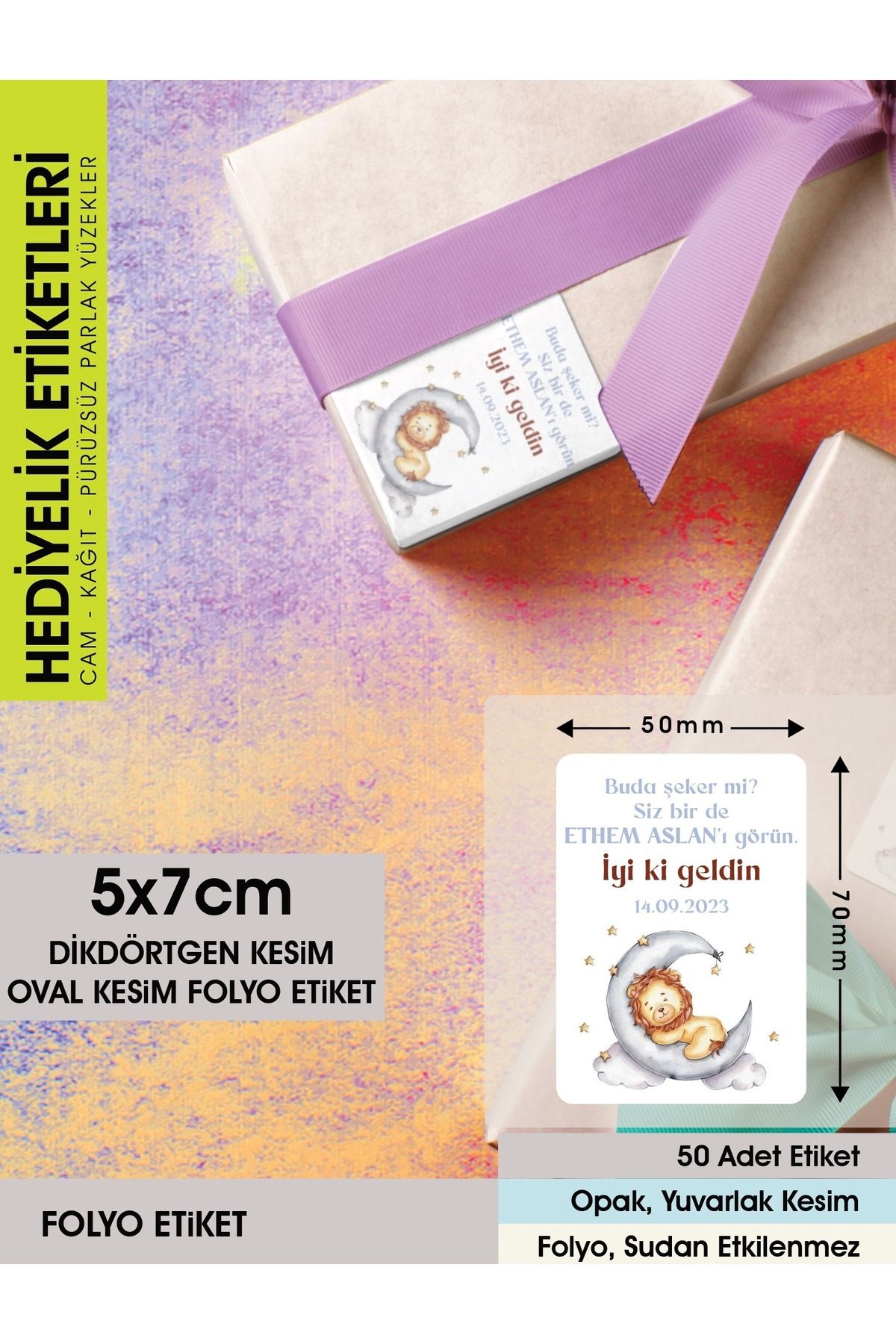 Aslan Konseptli Etiket, Hediyelik Etiket - 5X7cm Dikdörtgen OVAL KESİM - 50 Adet Folyo Sticker
