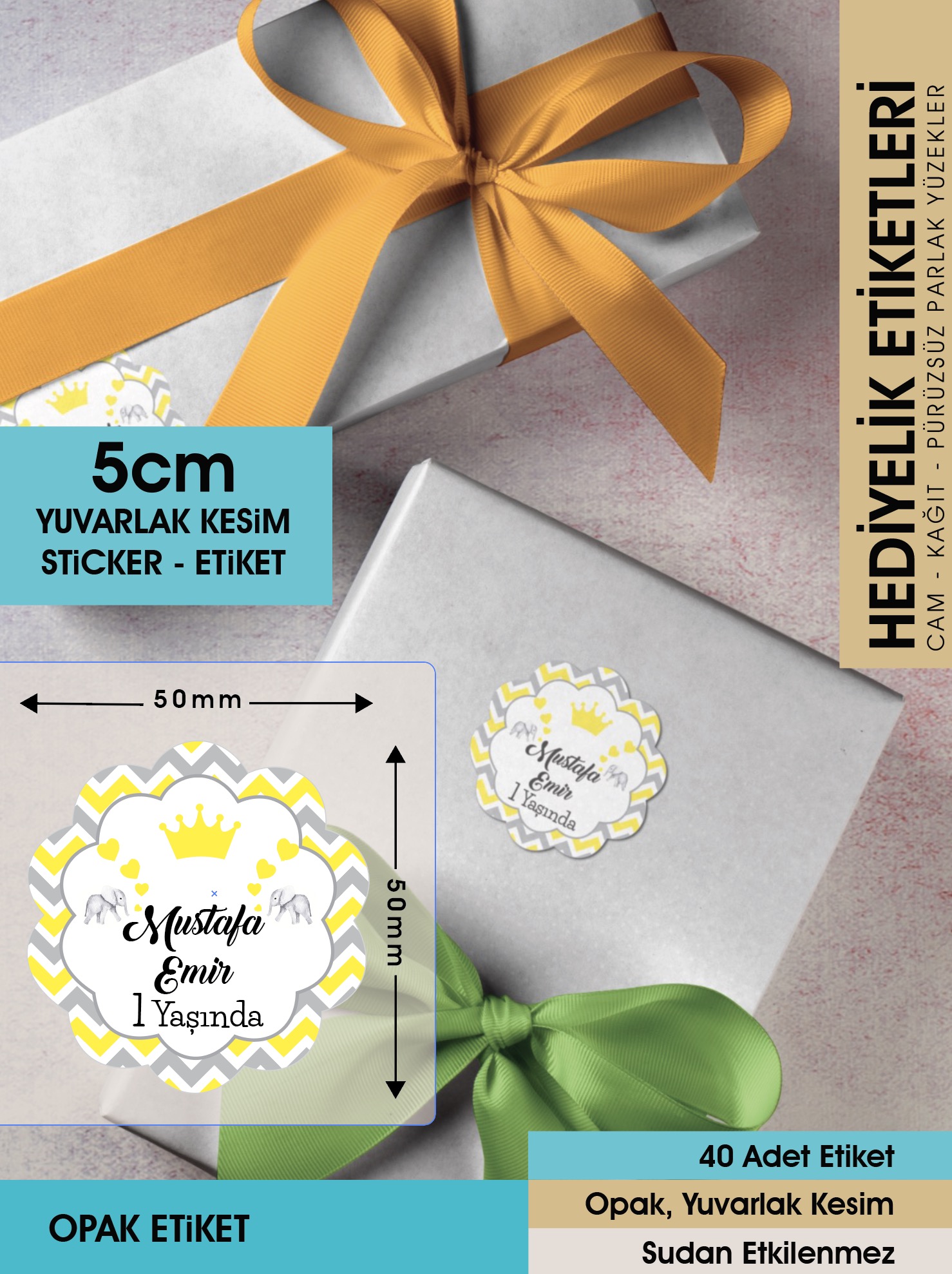 Doğum Günü Etiketi-fil, Kral Taçlı Cemiyetleriniz Için 5cm - 40 Adet Opak Sticker