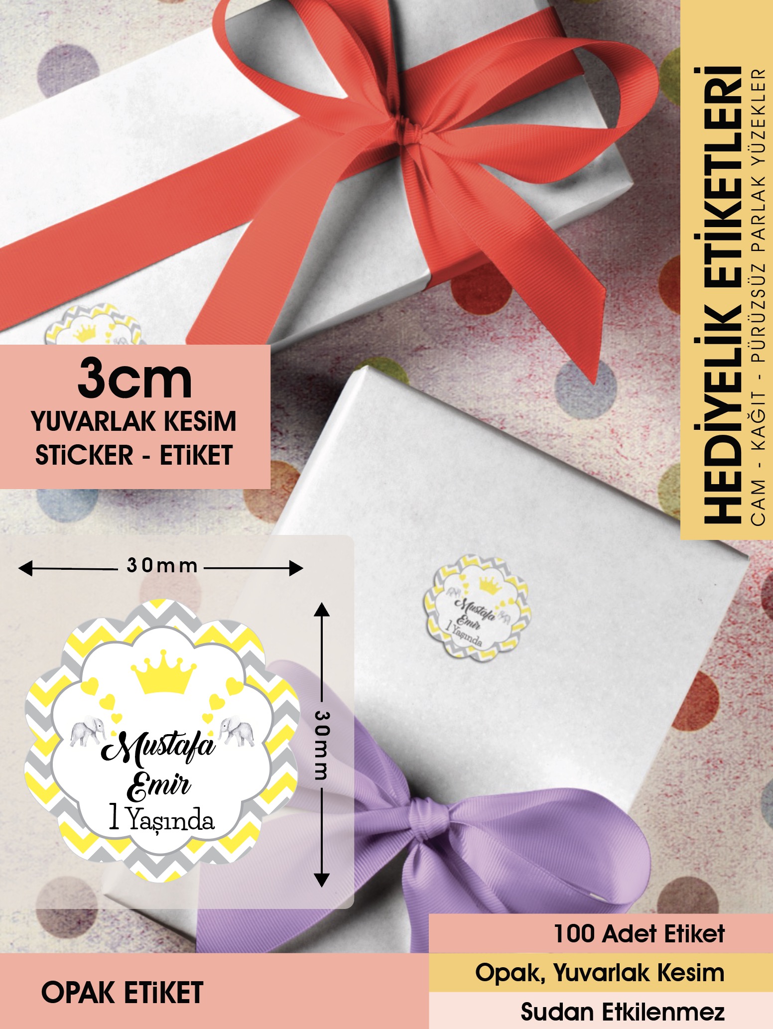 Doğum Günü Etiketi-fil, Kral Taçlı Cemiyetleriniz Için 3cm - 100 Adet Opak Sticker