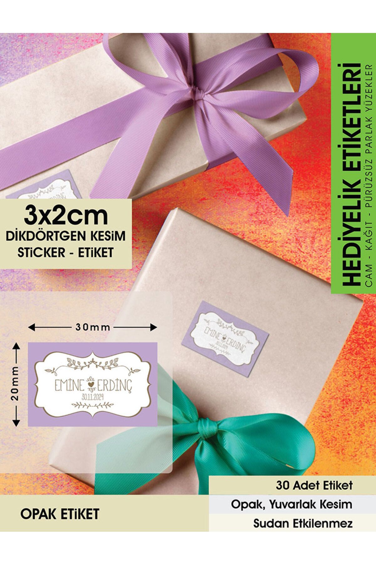 Vintage Etiket Lila Zemin - 3x2 Cm Düz Kesim - 150 Adet Opak Yapışkan Etiket