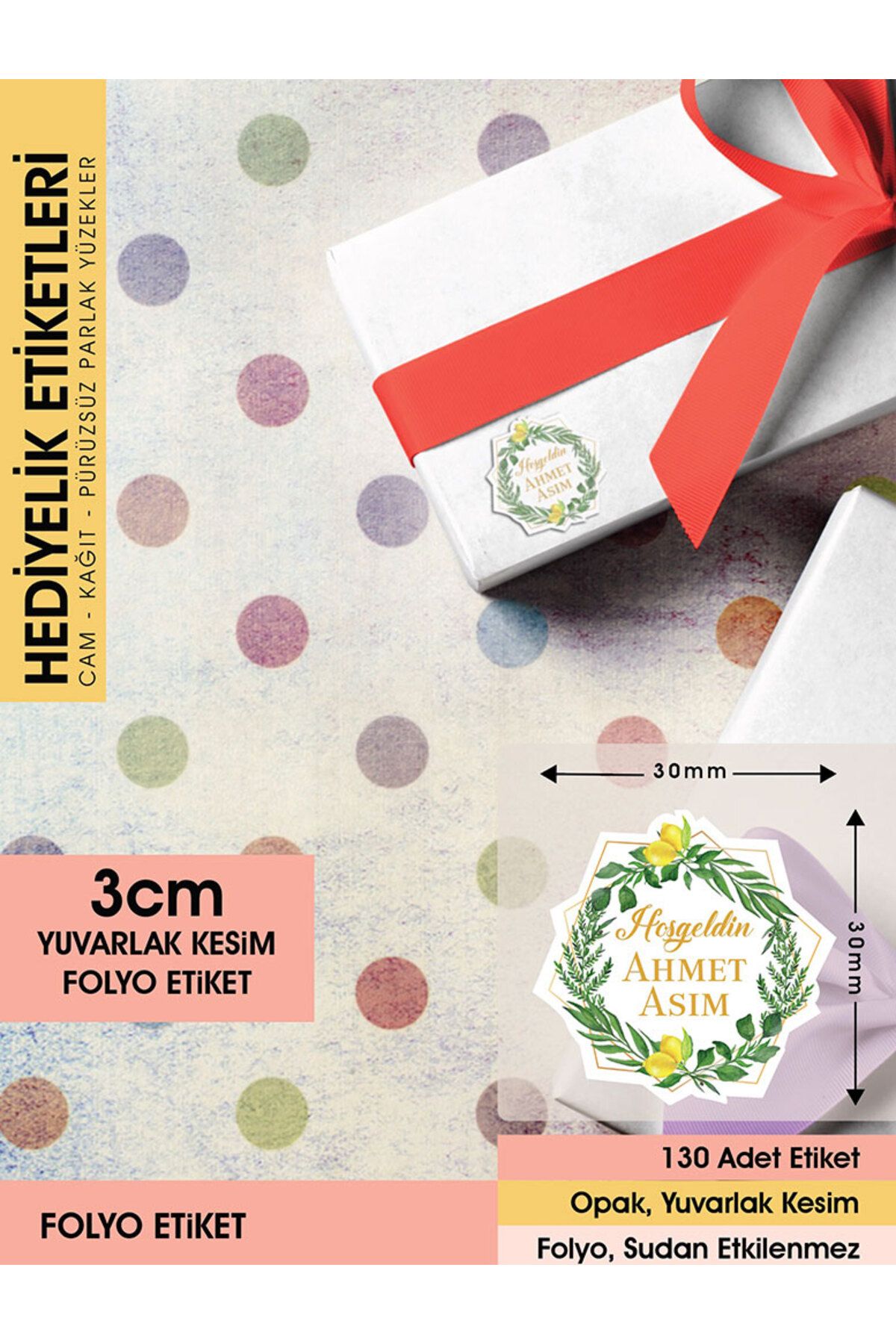 Limon Çiçekli Çelenk Modeli Ürünlerinize Özel 3 Cm - 130 Adet Folyo Etiket
