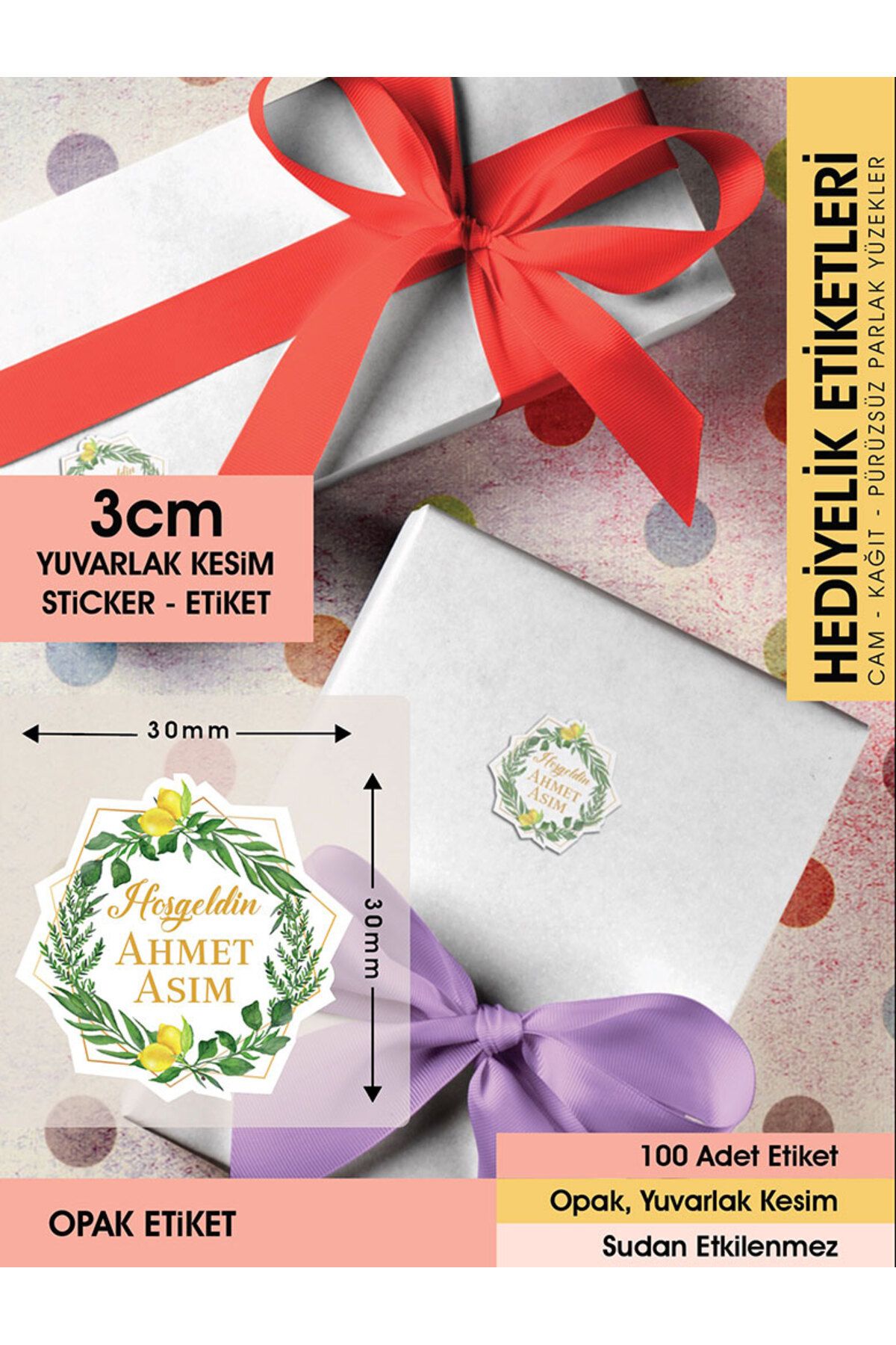 Limon Çiçekli Çelenk Modeli Ürünlerinize Özel 3 Cm - 100 Adet Opak Sticker