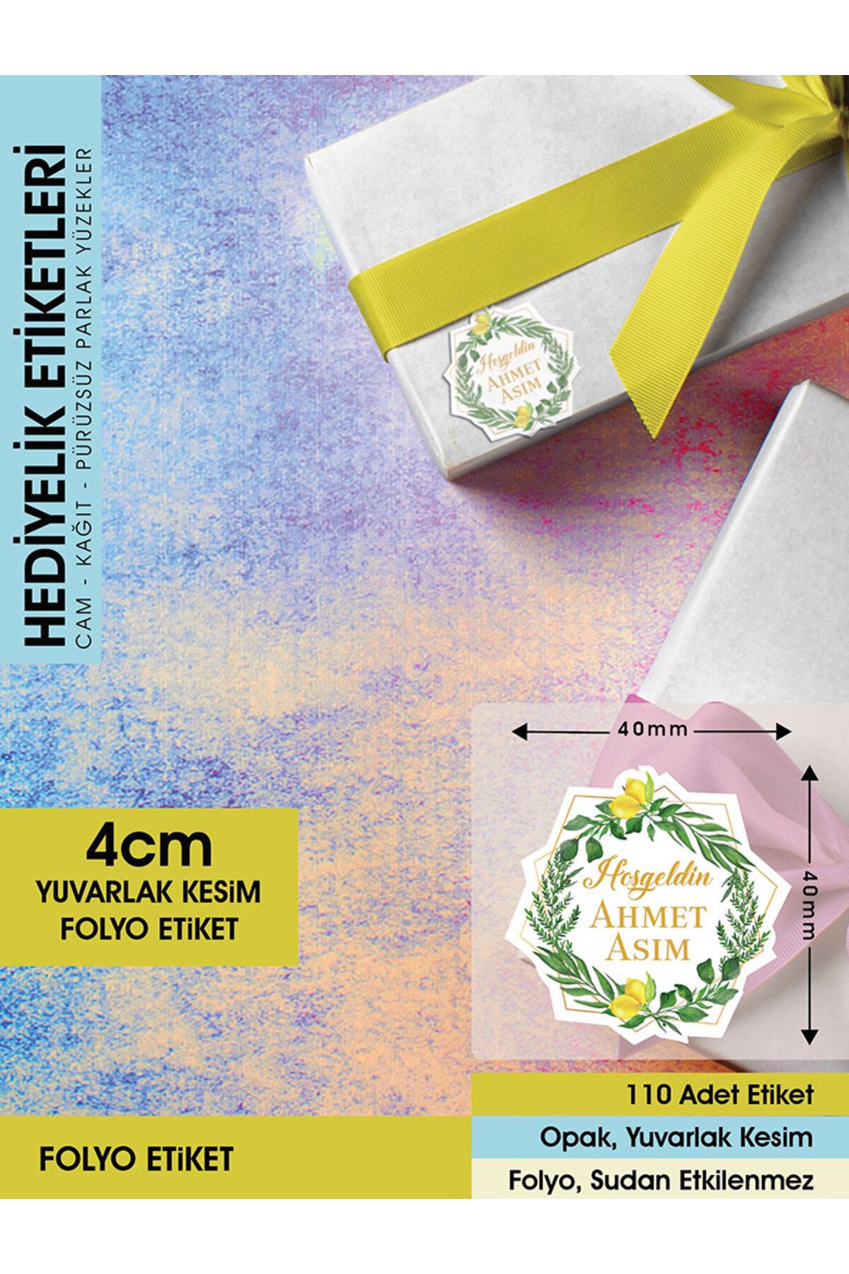 Limon Çiçekli Çelenk Modeli Ürünlerinize Özel 4cm - 110 Adet Folyo etiket