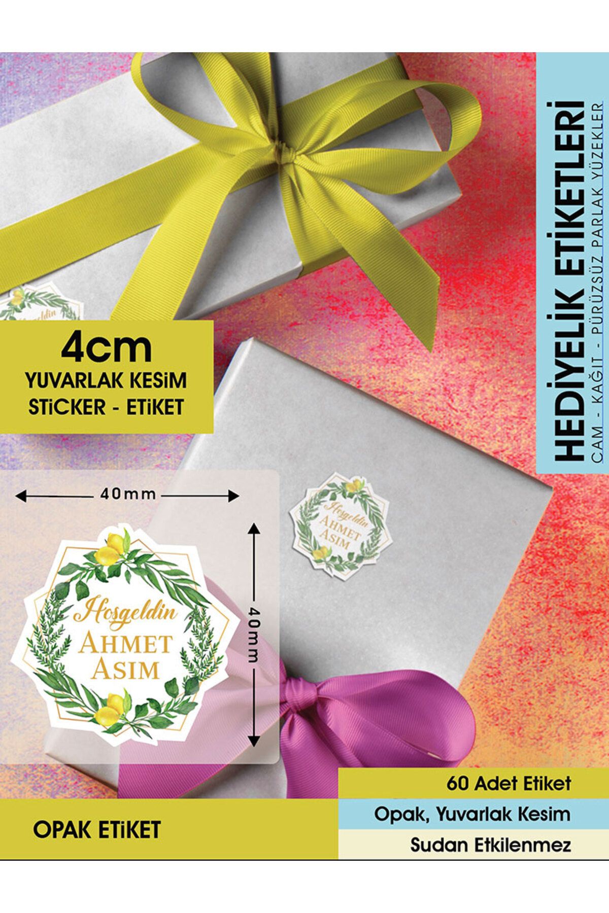 Limon Çiçekli Çelenk Modeli Ürünlerinize Özel 4 Cm - 60 Adet Opak Sticker