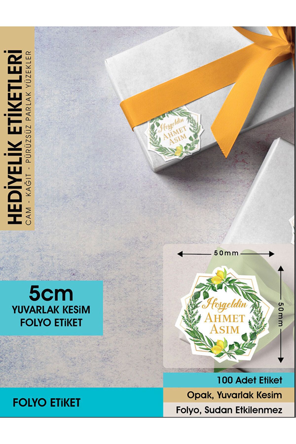 Limon Çiçekli Çelenk Modeli Ürünlerinize Özel 5 Cm - 100 Adet Folyo Etiket