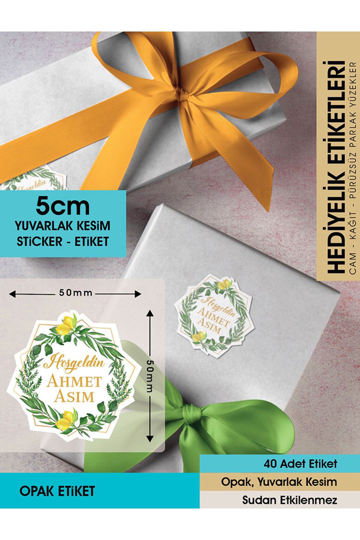 Limon Çiçekli Çelenk Modeli Ürünlerinize Özel 5 Cm - 40 Adet Opak Sticker