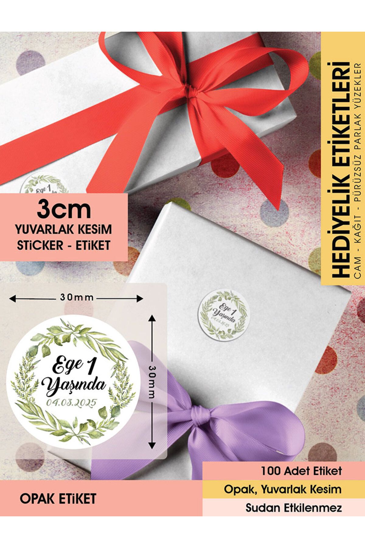 Yeşil Yapraklı Çelenk Modeli Ürünlerinize Özel 3cm - 100 Adet Opak Sticker