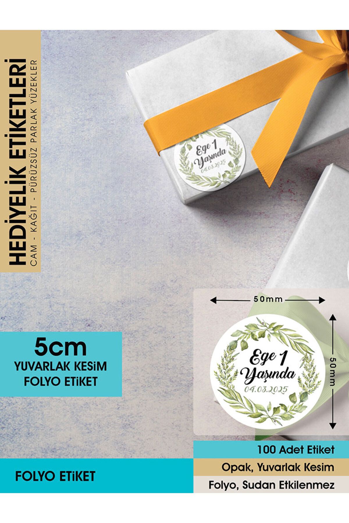 Yeşil Yapraklı Çelenk Modeli Ürünlerinize Özel 5cm - 100 Adet Folyo Sticker