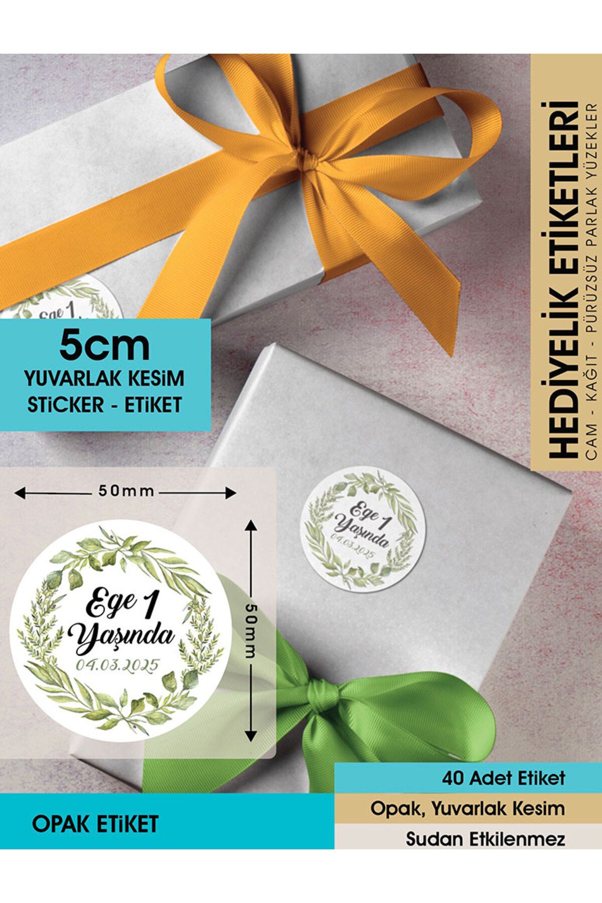 Yeşilyapraklı Çelenk Modeli Ürünlerinize Özel 5 Cm - 40 Adet Opak Sticker