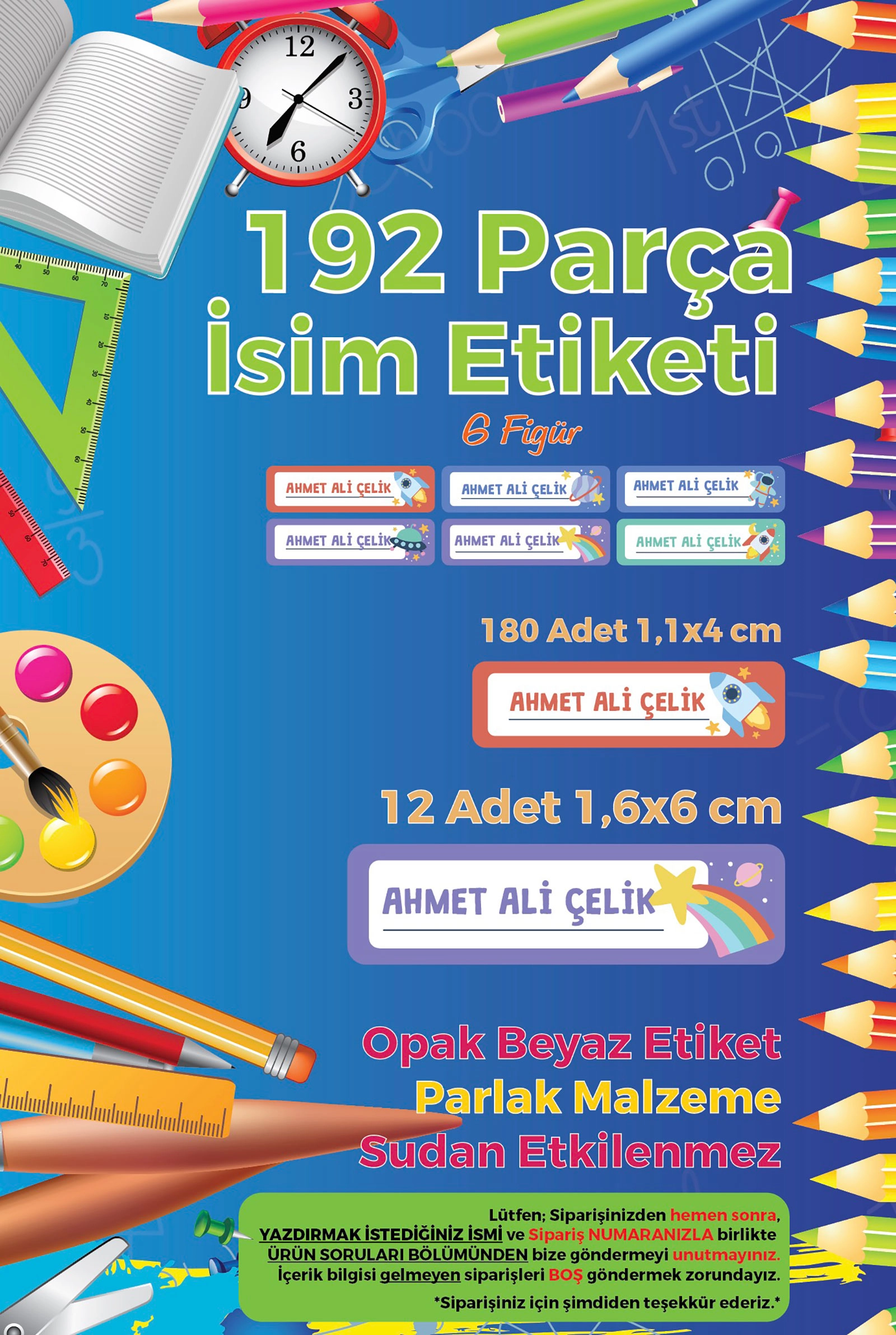 Okul Etiketi Kalem Defter Etiketi, Uzay, Ufo - 192 Adet Opak Sticker