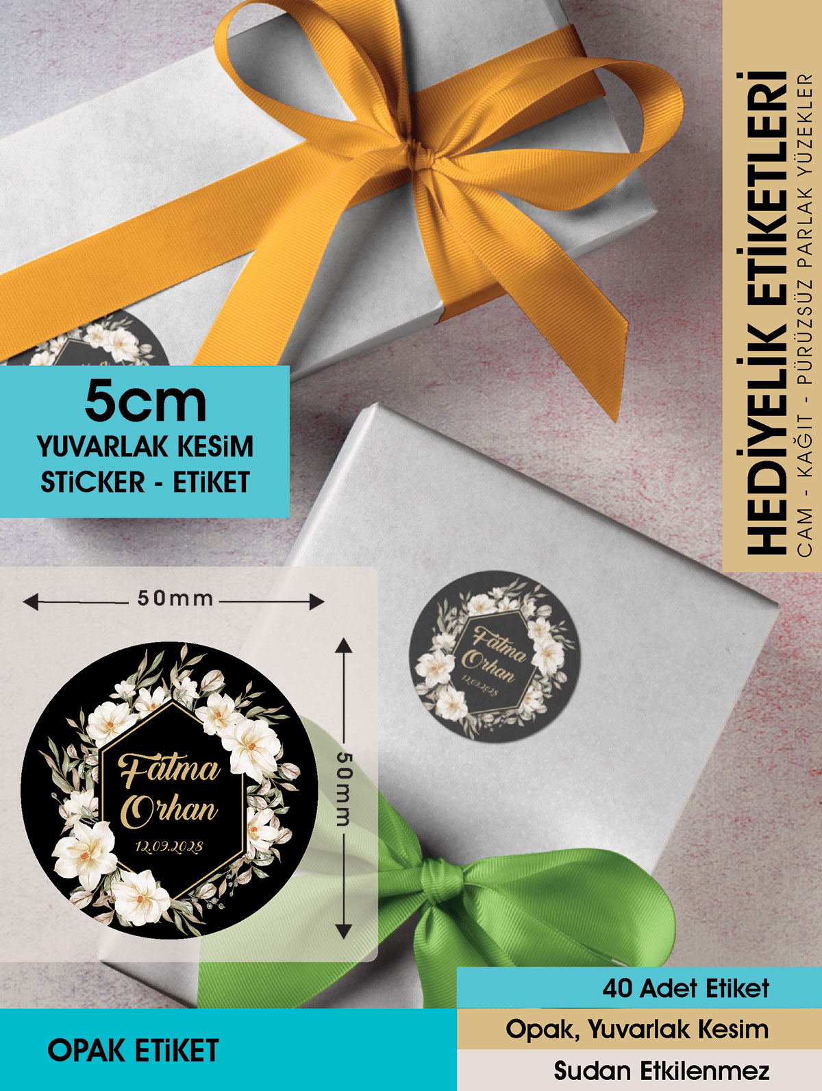 Beyaz Manolya Etiket Modeli Ürünlerinize Özel 5 Cm - 40 Adet Opak Sticker
