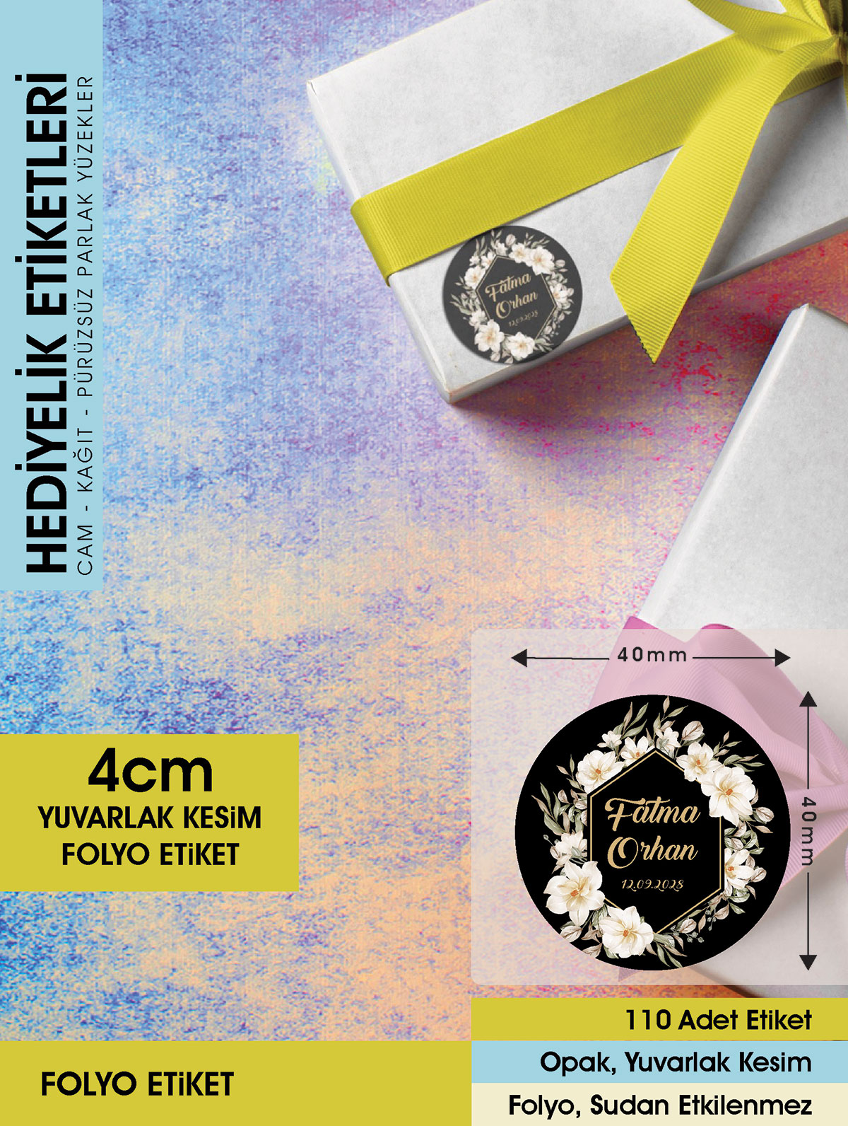 Beyaz Manolya Etiket Modeli Ürünlerinize Özel , 4 Cm - 110 Adet Folyo Sticker